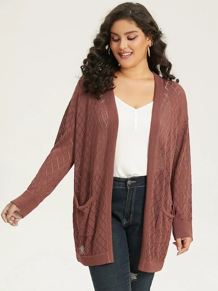 Plain Geometric Hollow Out Pocket Cardigan