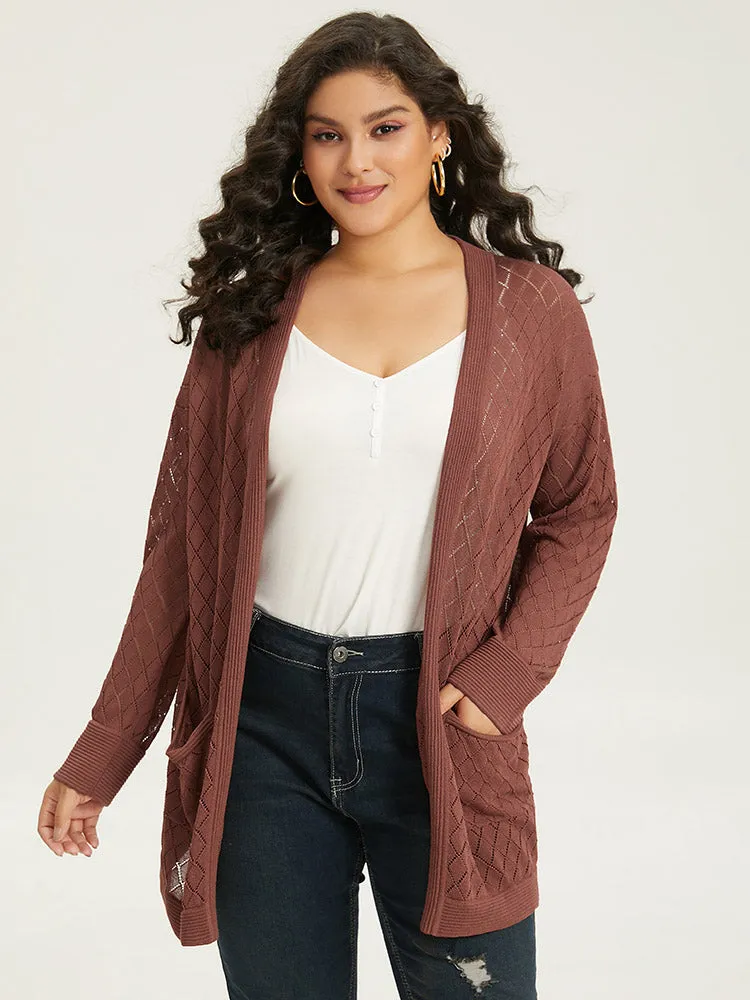 Plain Geometric Hollow Out Pocket Cardigan