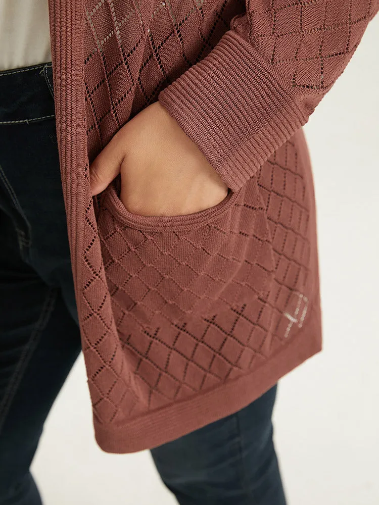 Plain Geometric Hollow Out Pocket Cardigan