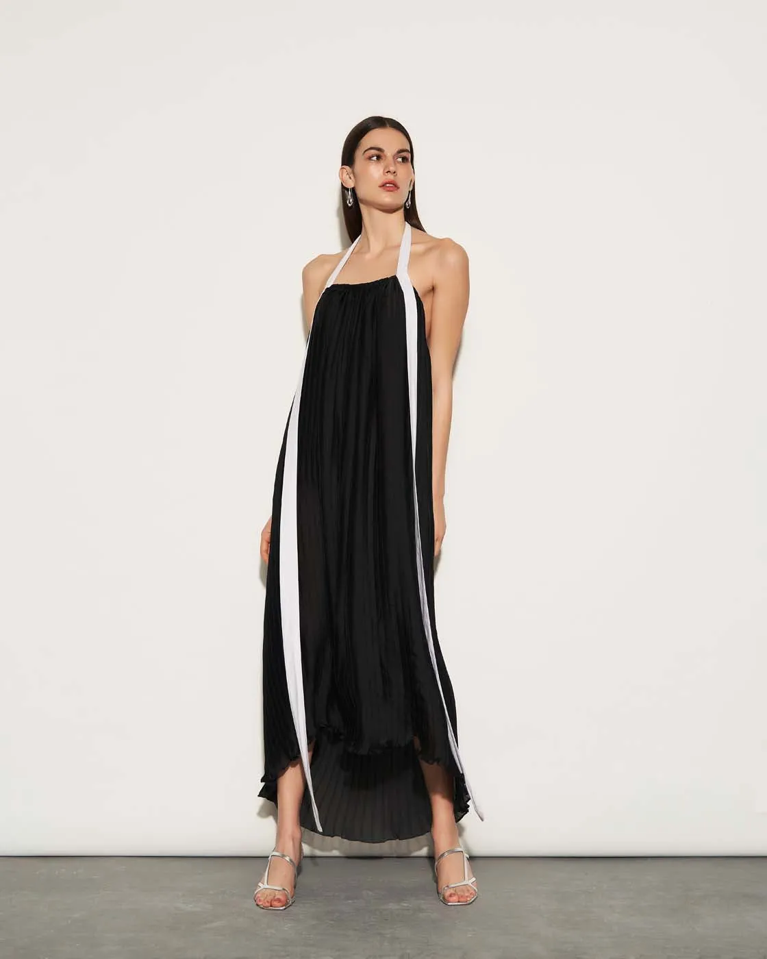 Pleated Halterneck High-Low Dress