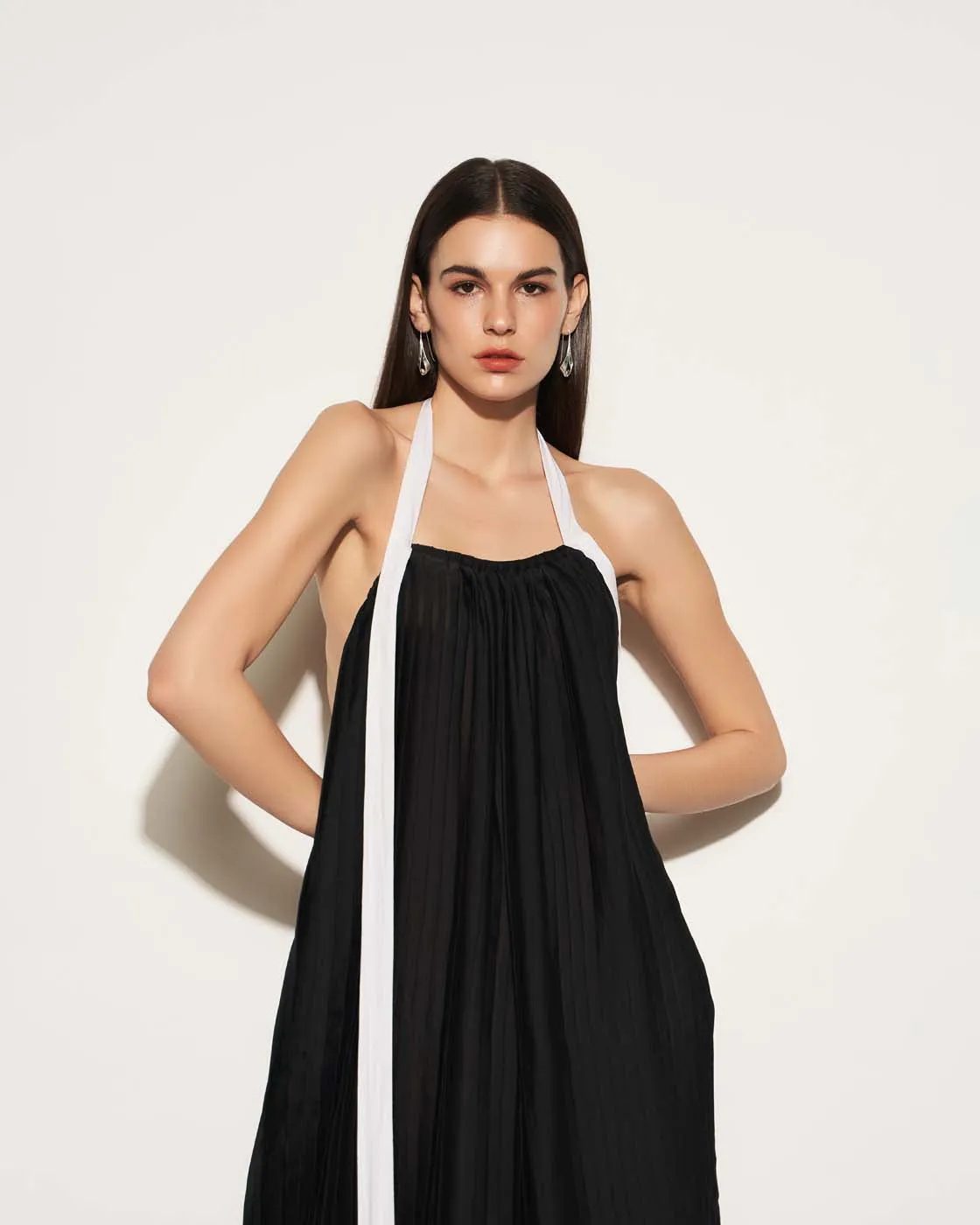 Pleated Halterneck High-Low Dress