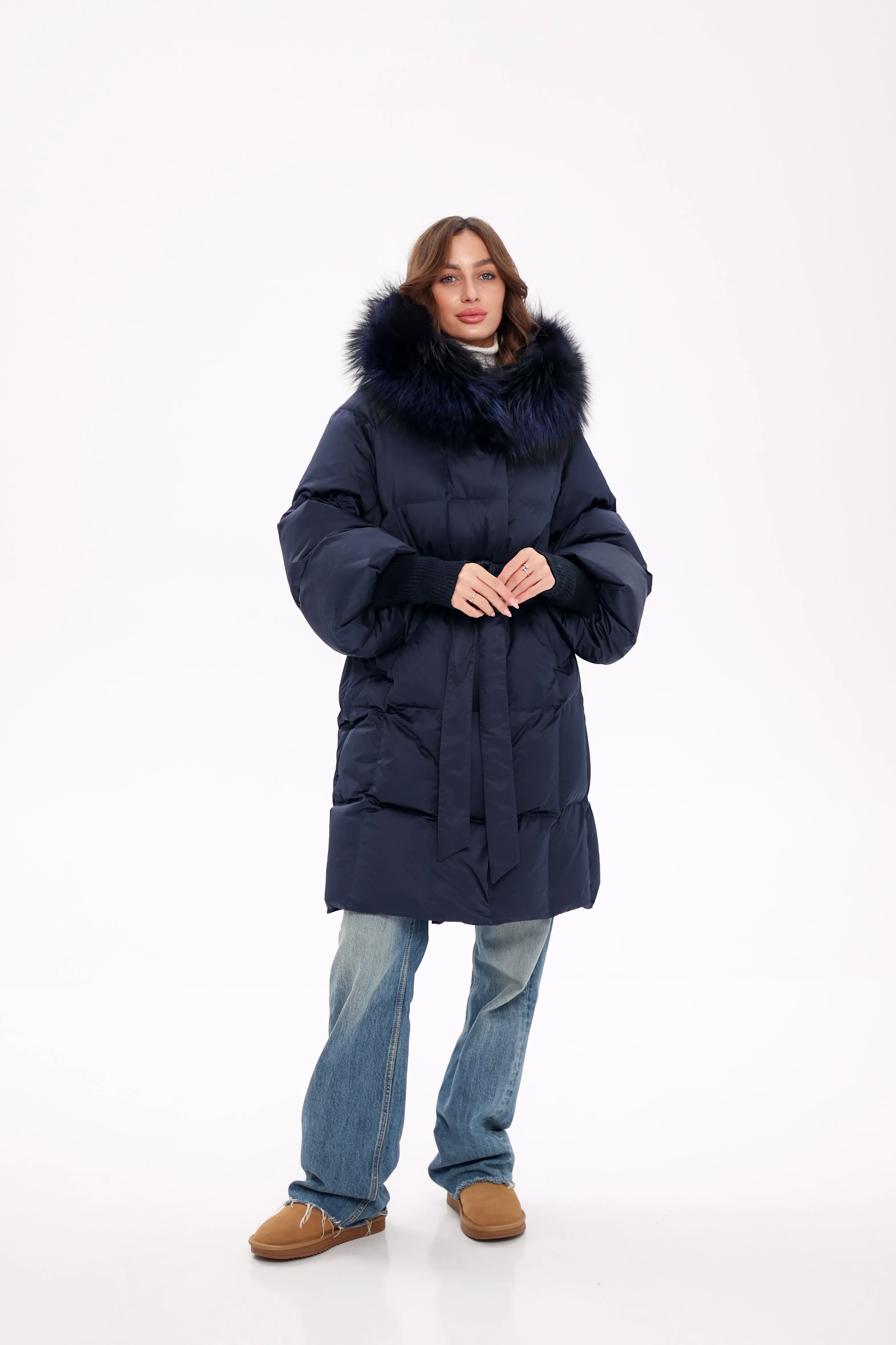 Pre-Order. Ships November 19. Genuine Polar Fox Fur Trim Down Coat in Royal Blue