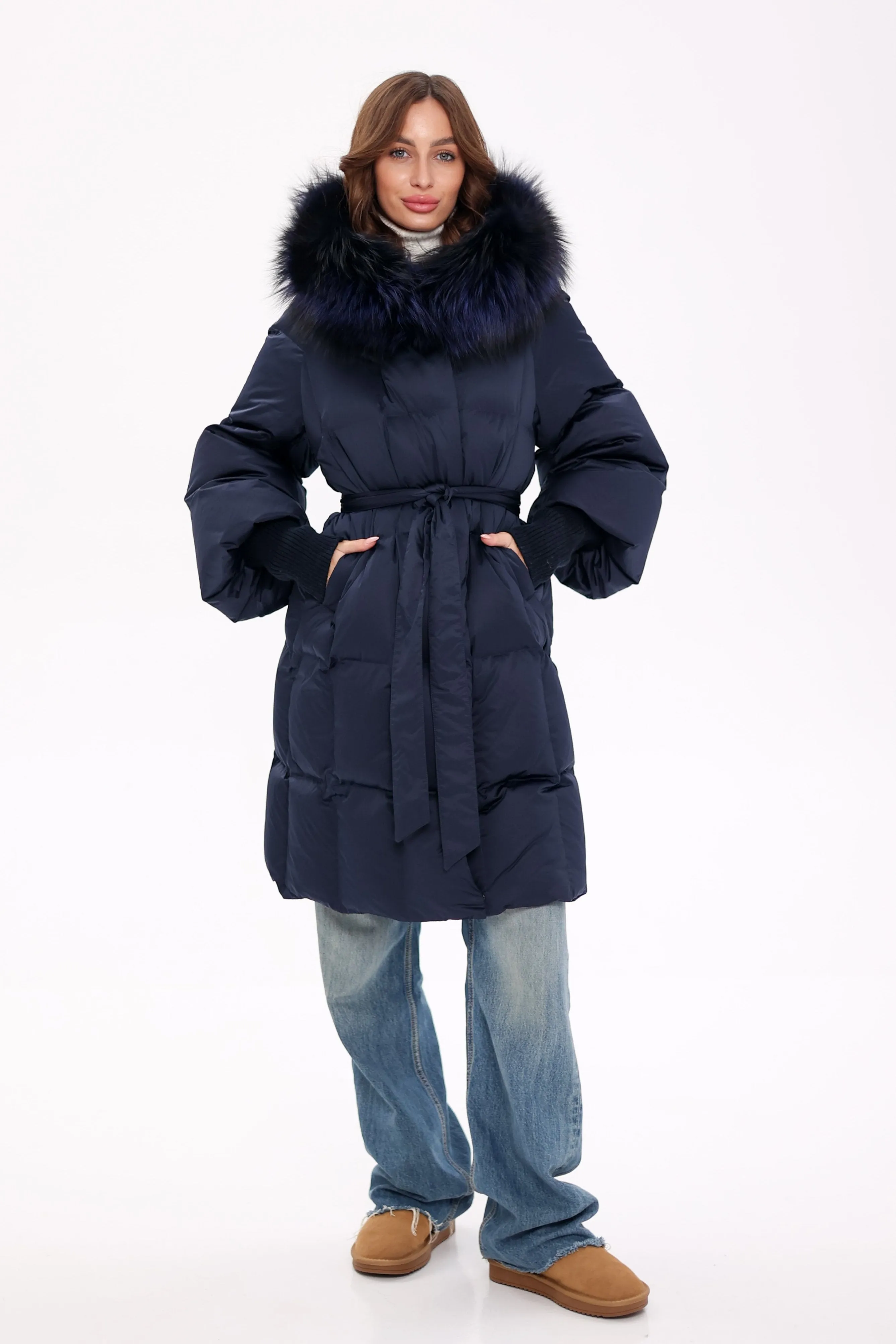 Pre-Order. Ships November 19. Genuine Polar Fox Fur Trim Down Coat in Royal Blue