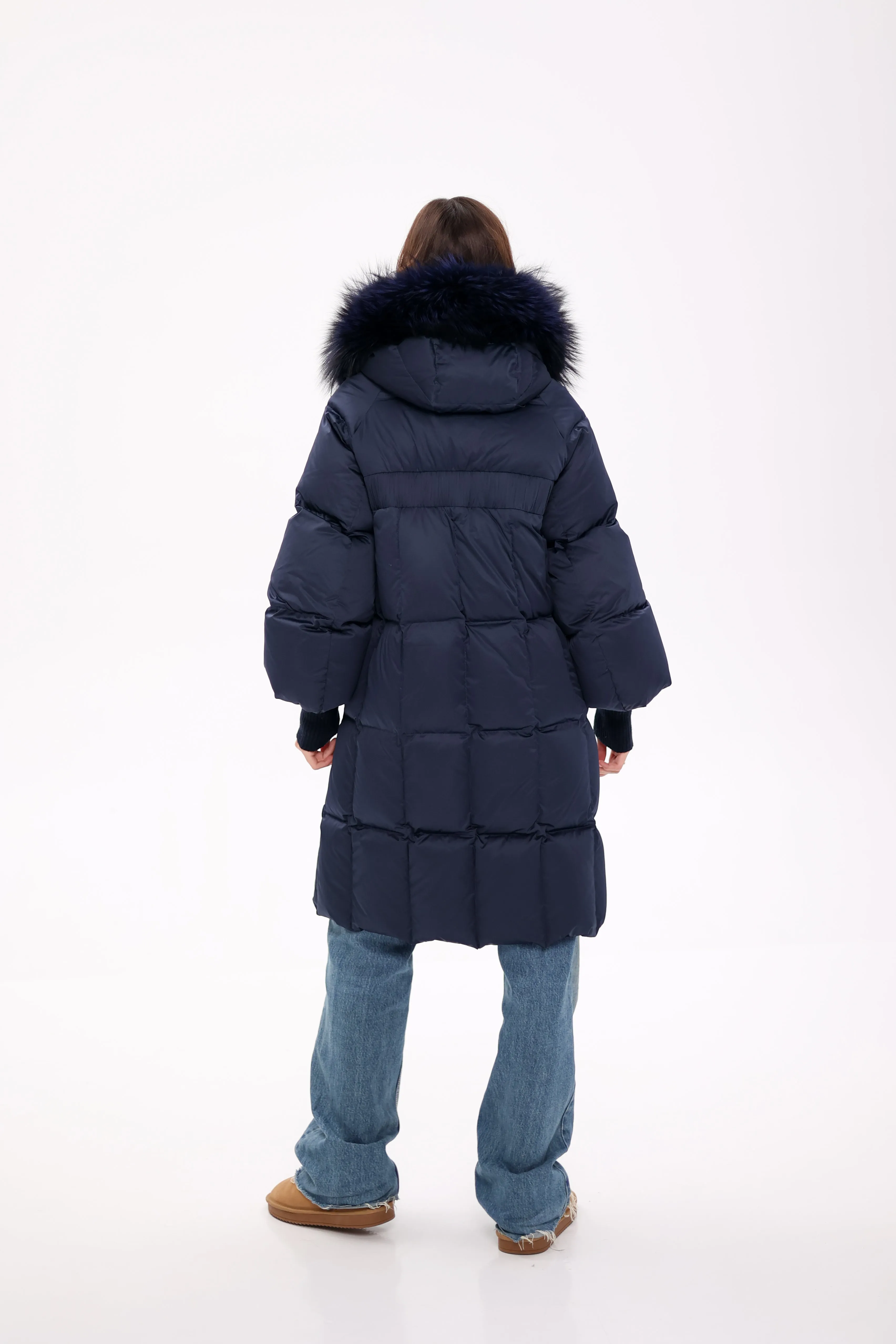 Pre-Order. Ships November 19. Genuine Polar Fox Fur Trim Down Coat in Royal Blue