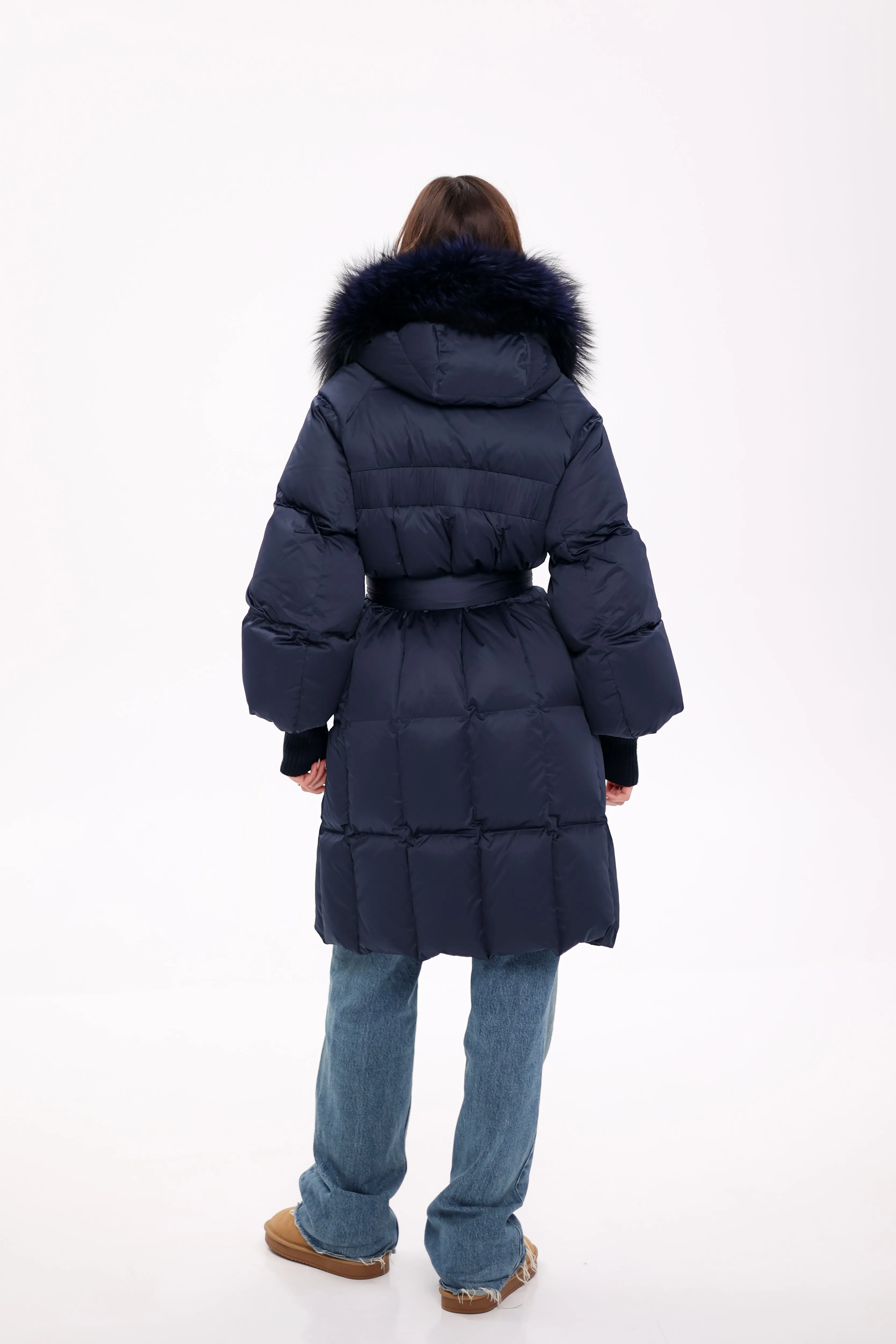 Pre-Order. Ships November 19. Genuine Polar Fox Fur Trim Down Coat in Royal Blue