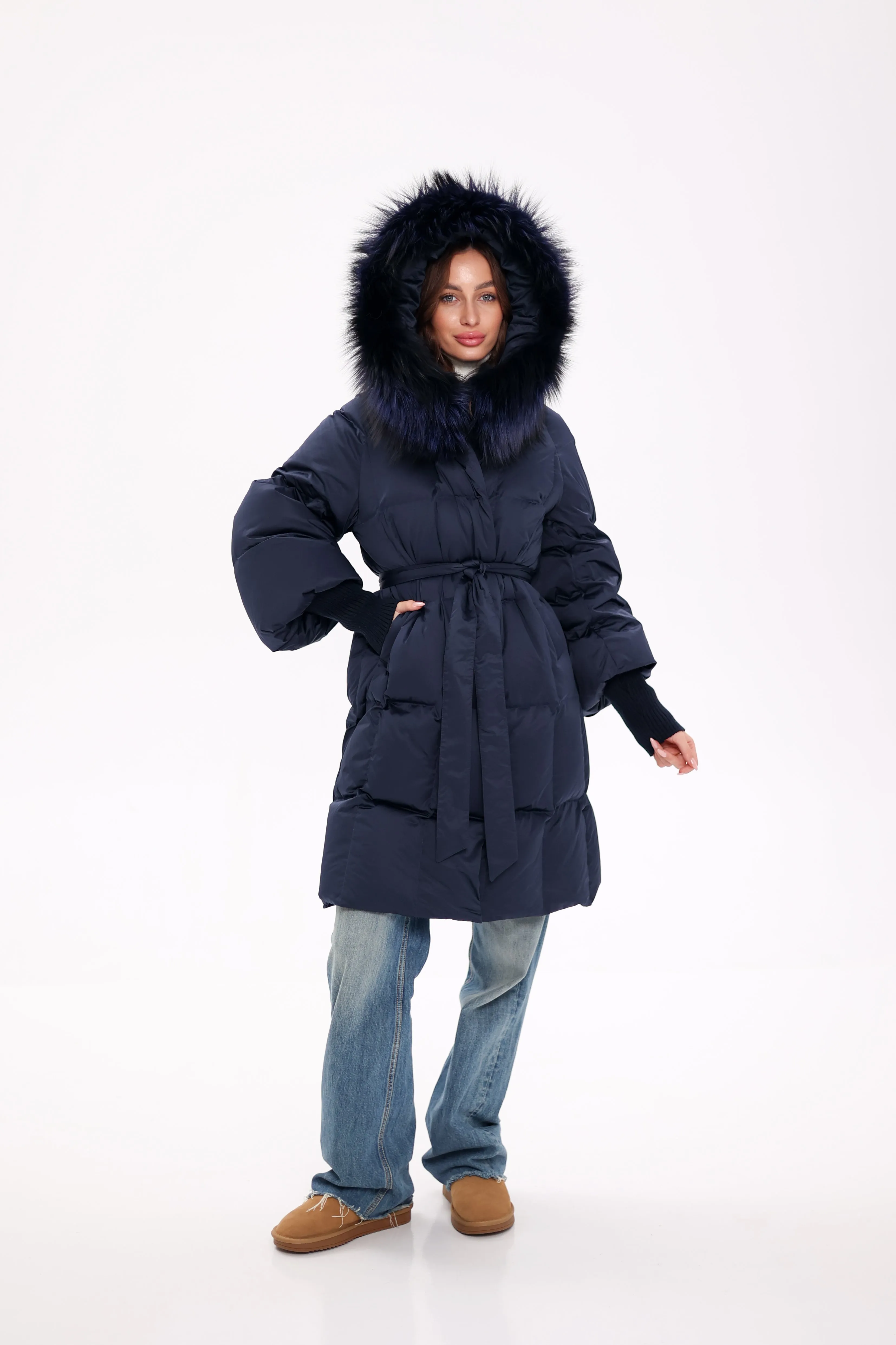 Pre-Order. Ships November 19. Genuine Polar Fox Fur Trim Down Coat in Royal Blue