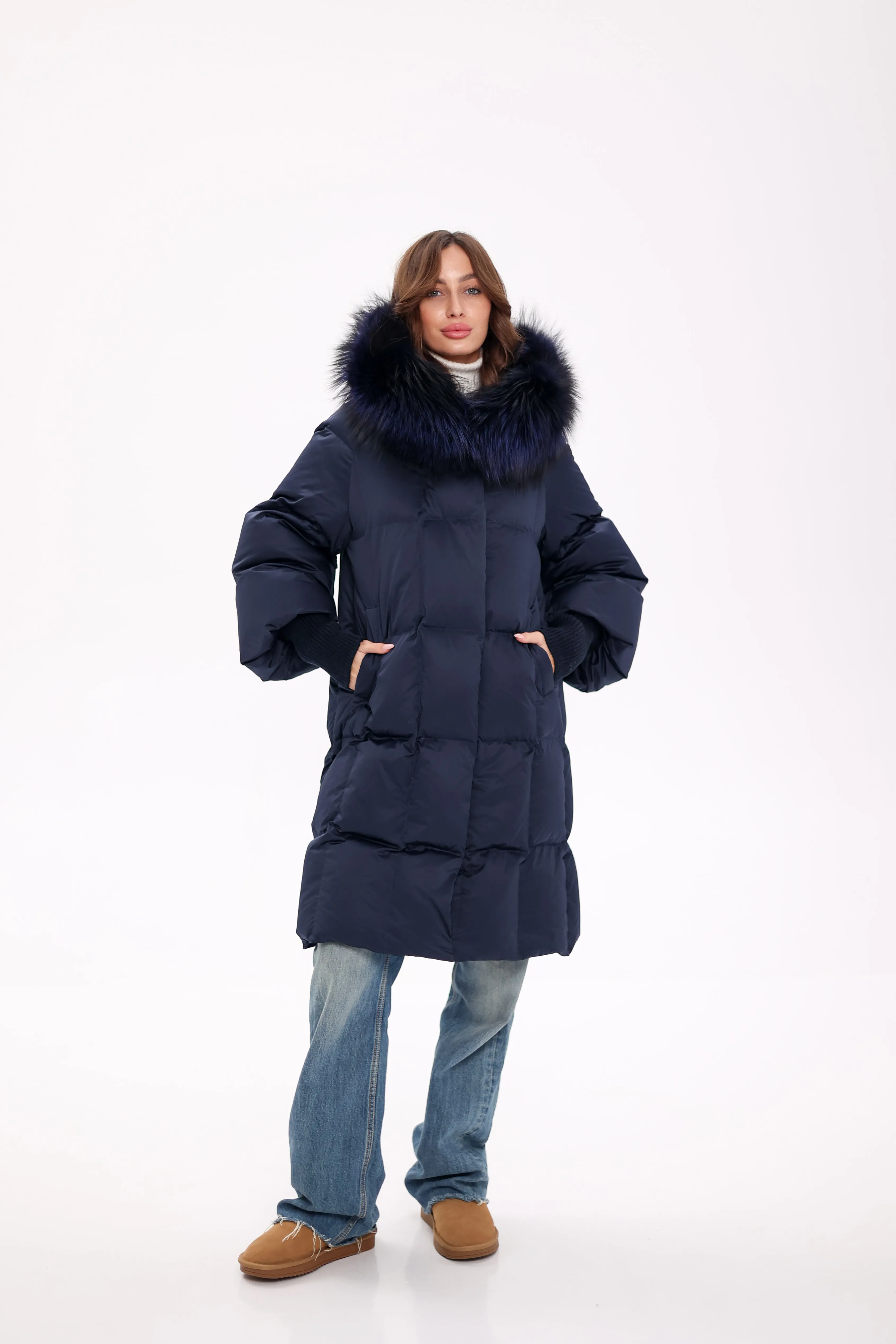 Pre-Order. Ships November 19. Genuine Polar Fox Fur Trim Down Coat in Royal Blue