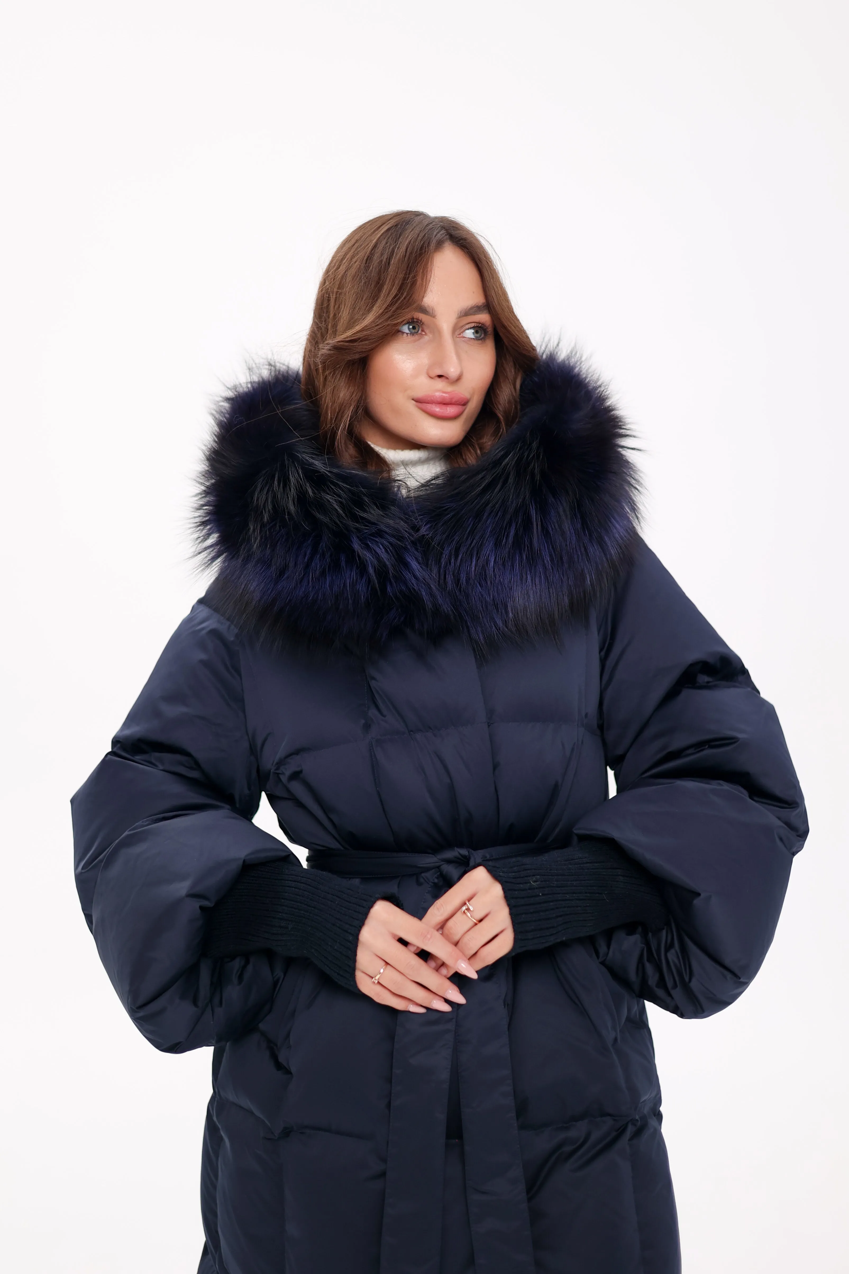 Pre-Order. Ships November 19. Genuine Polar Fox Fur Trim Down Coat in Royal Blue