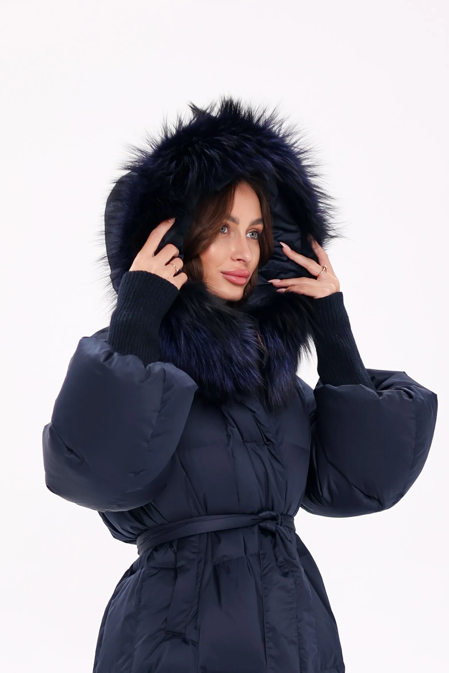 Pre-Order. Ships November 19. Genuine Polar Fox Fur Trim Down Coat in Royal Blue