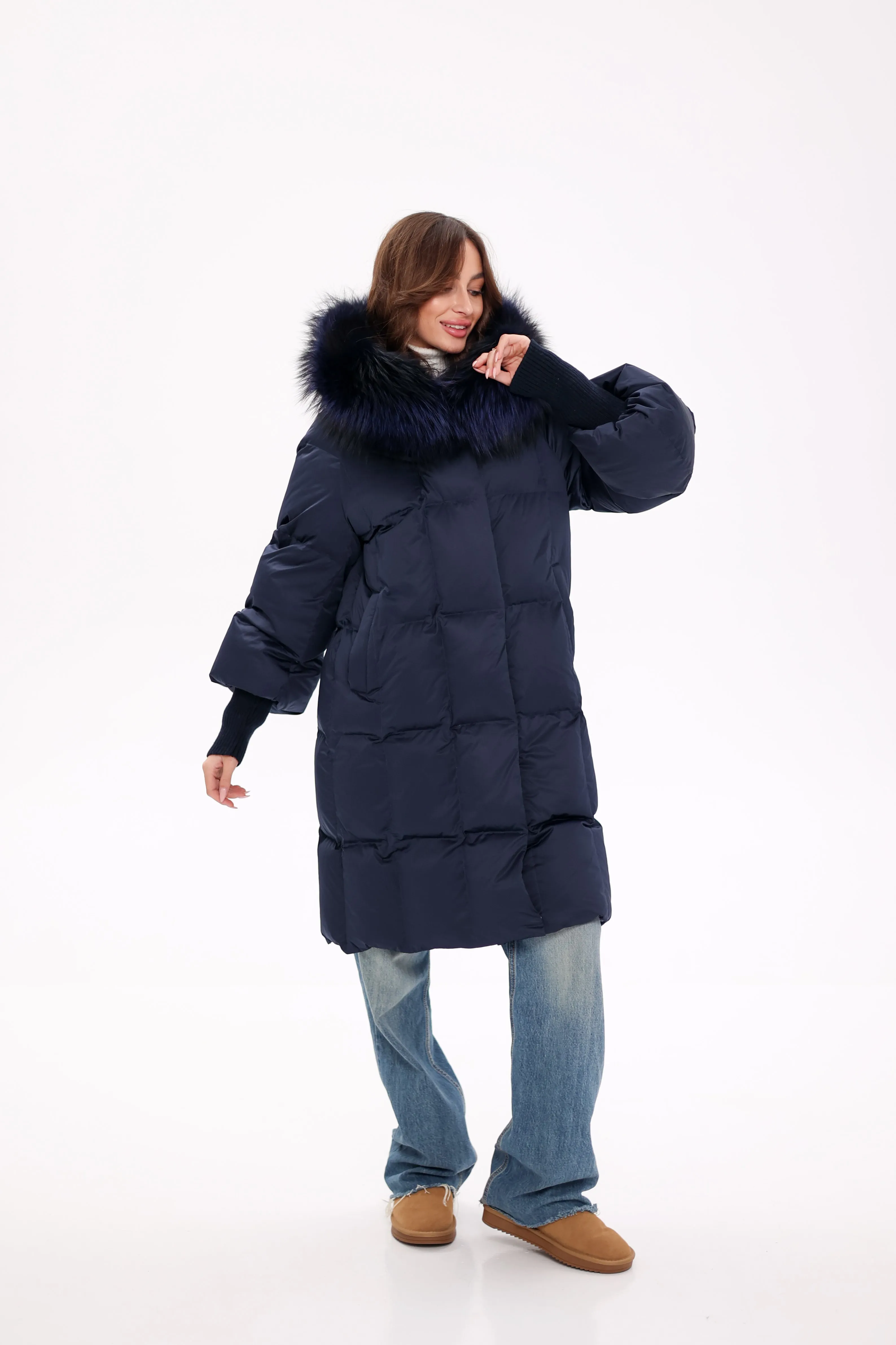 Pre-Order. Ships November 19. Genuine Polar Fox Fur Trim Down Coat in Royal Blue