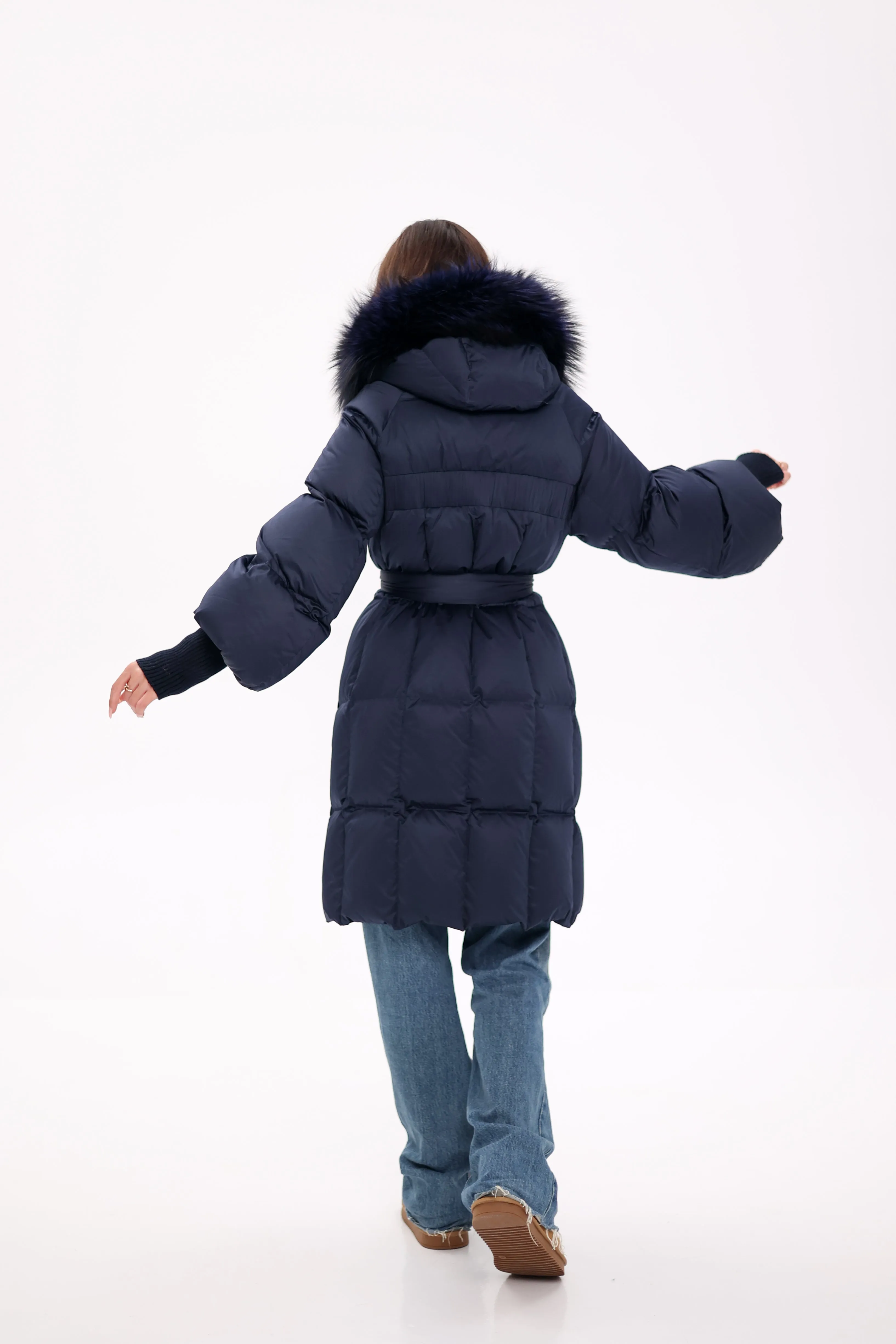 Pre-Order. Ships November 19. Genuine Polar Fox Fur Trim Down Coat in Royal Blue