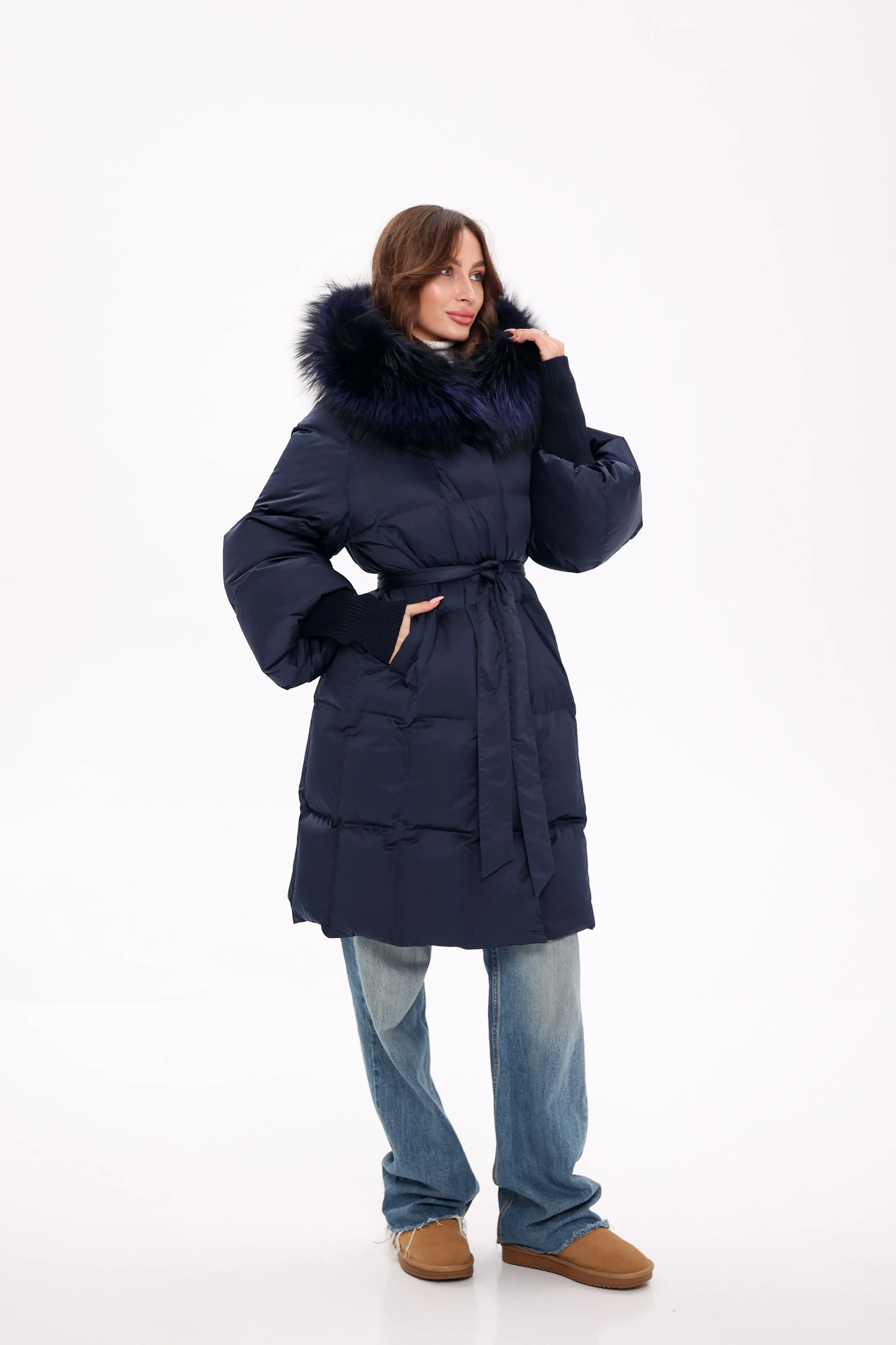 Pre-Order. Ships November 19. Genuine Polar Fox Fur Trim Down Coat in Royal Blue