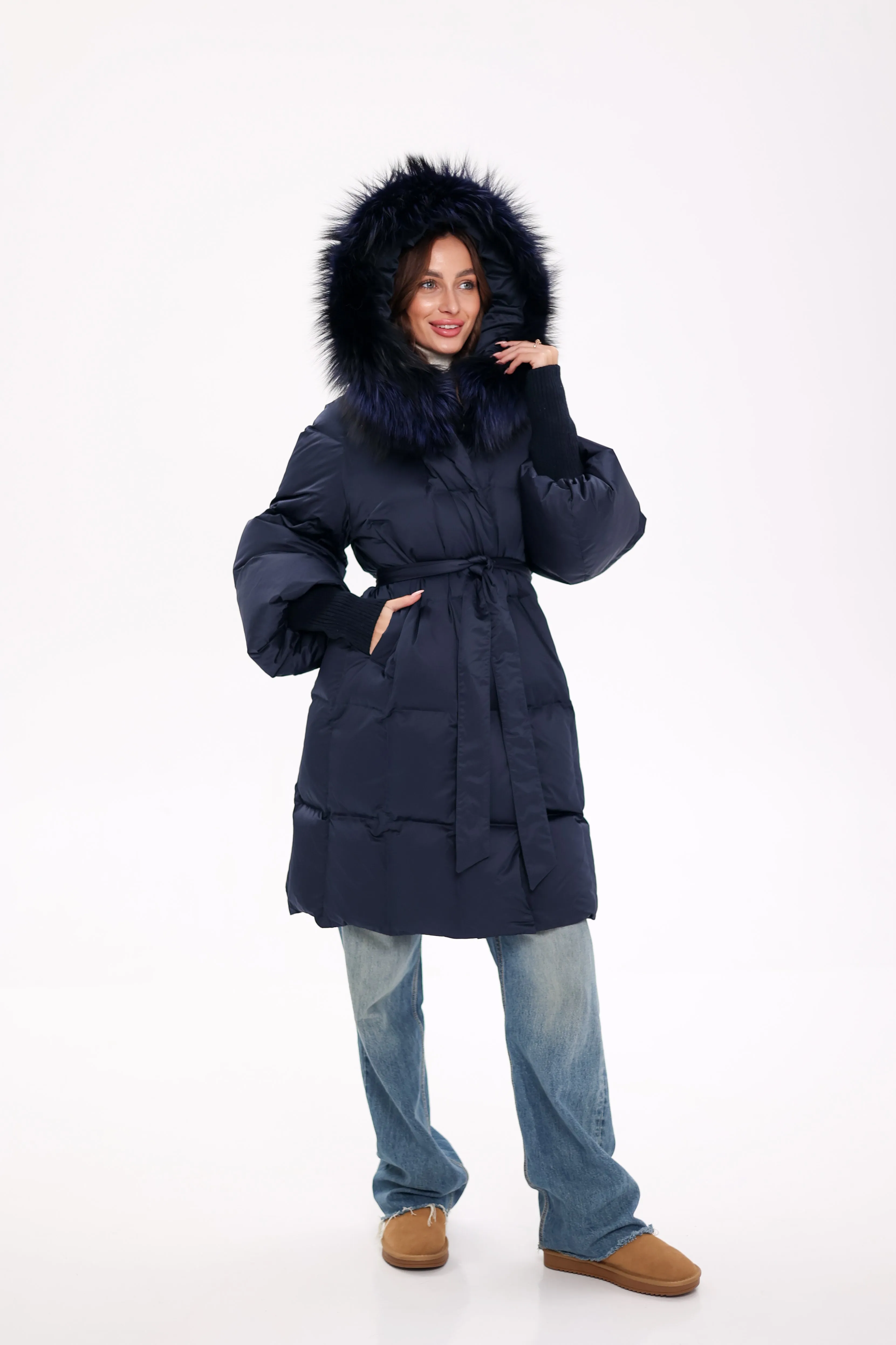 Pre-Order. Ships November 19. Genuine Polar Fox Fur Trim Down Coat in Royal Blue