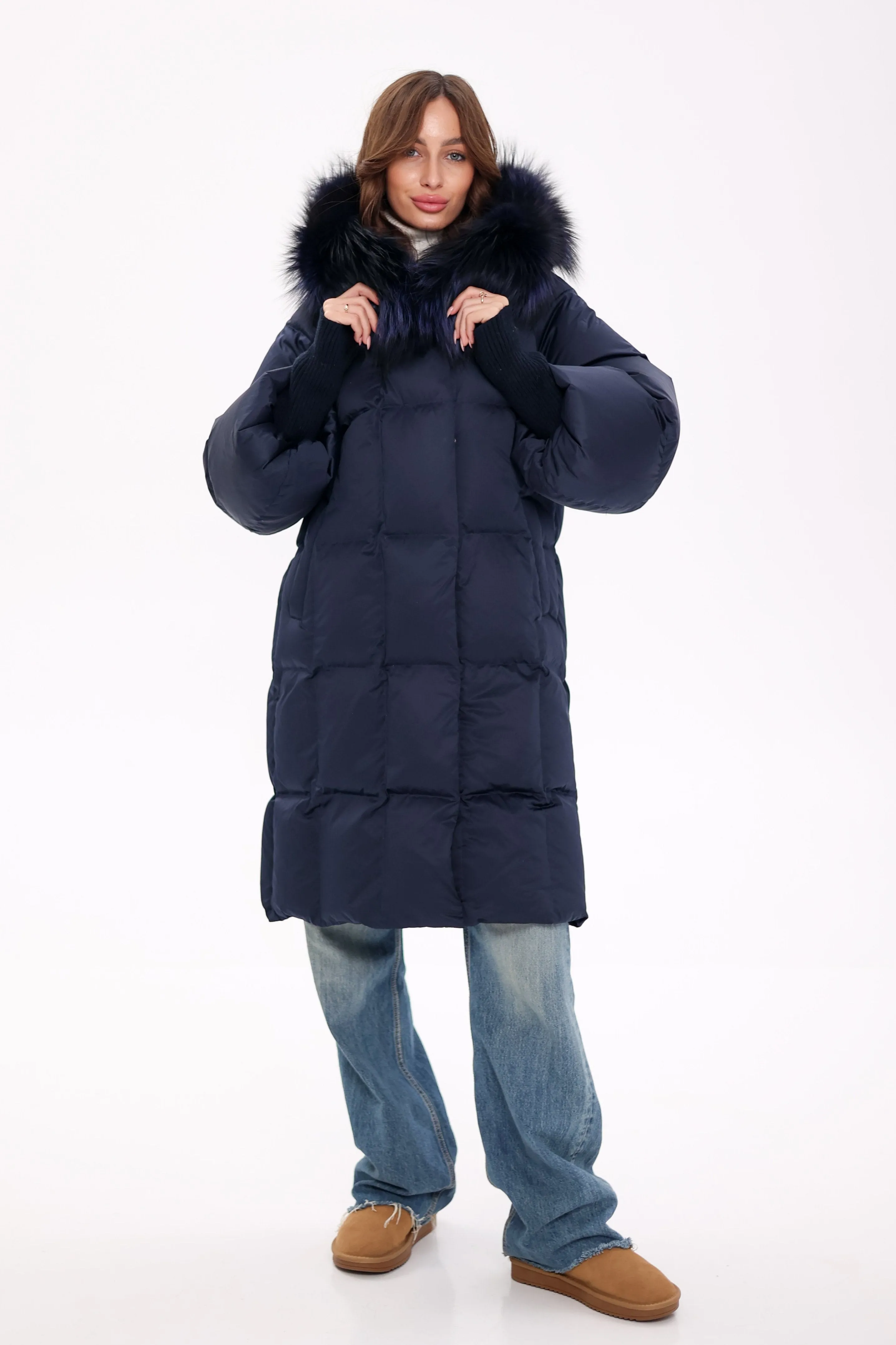 Pre-Order. Ships November 19. Genuine Polar Fox Fur Trim Down Coat in Royal Blue