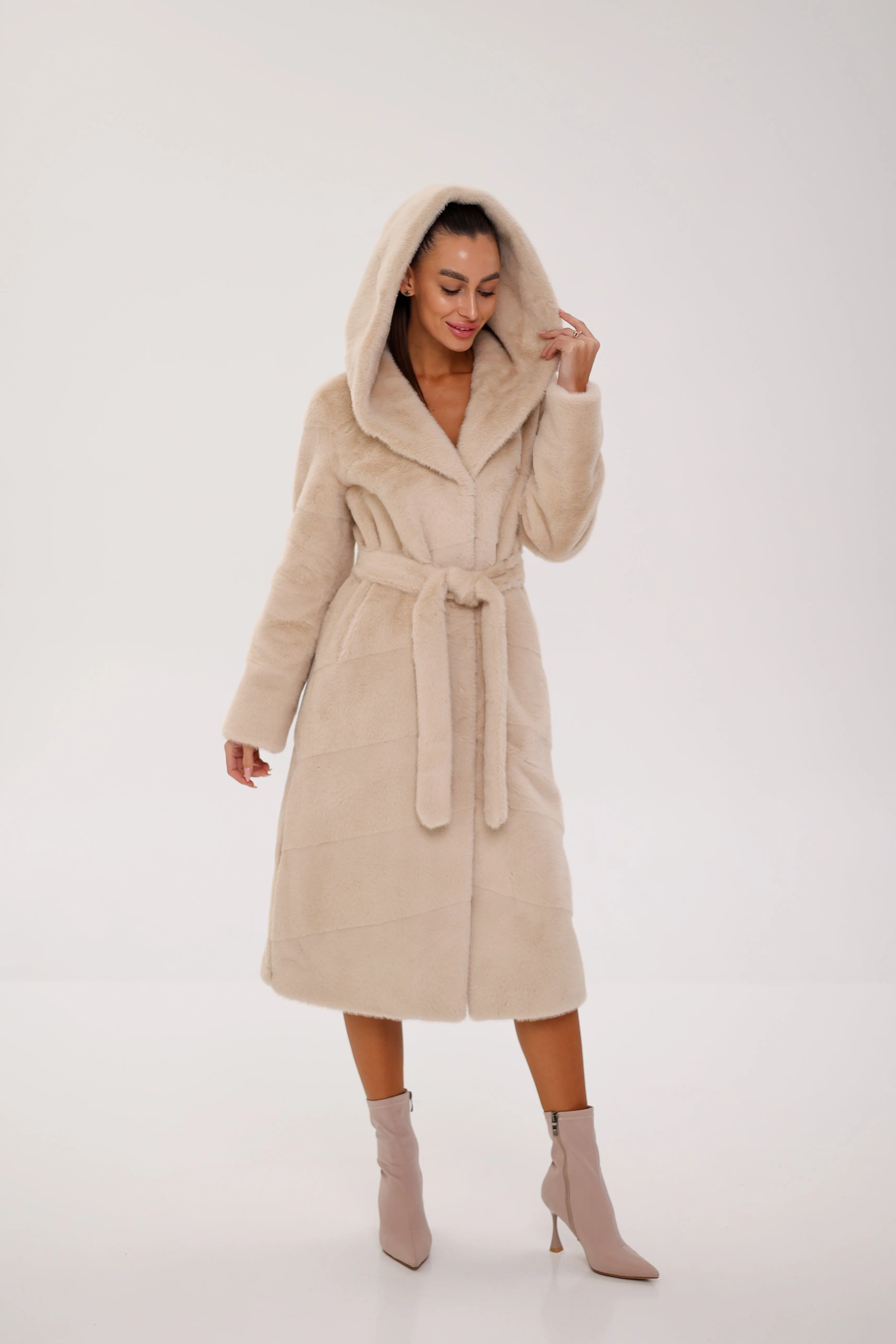 Pre-Order. Ships November 29. Faux Mink Effect Hooded Fur Coat