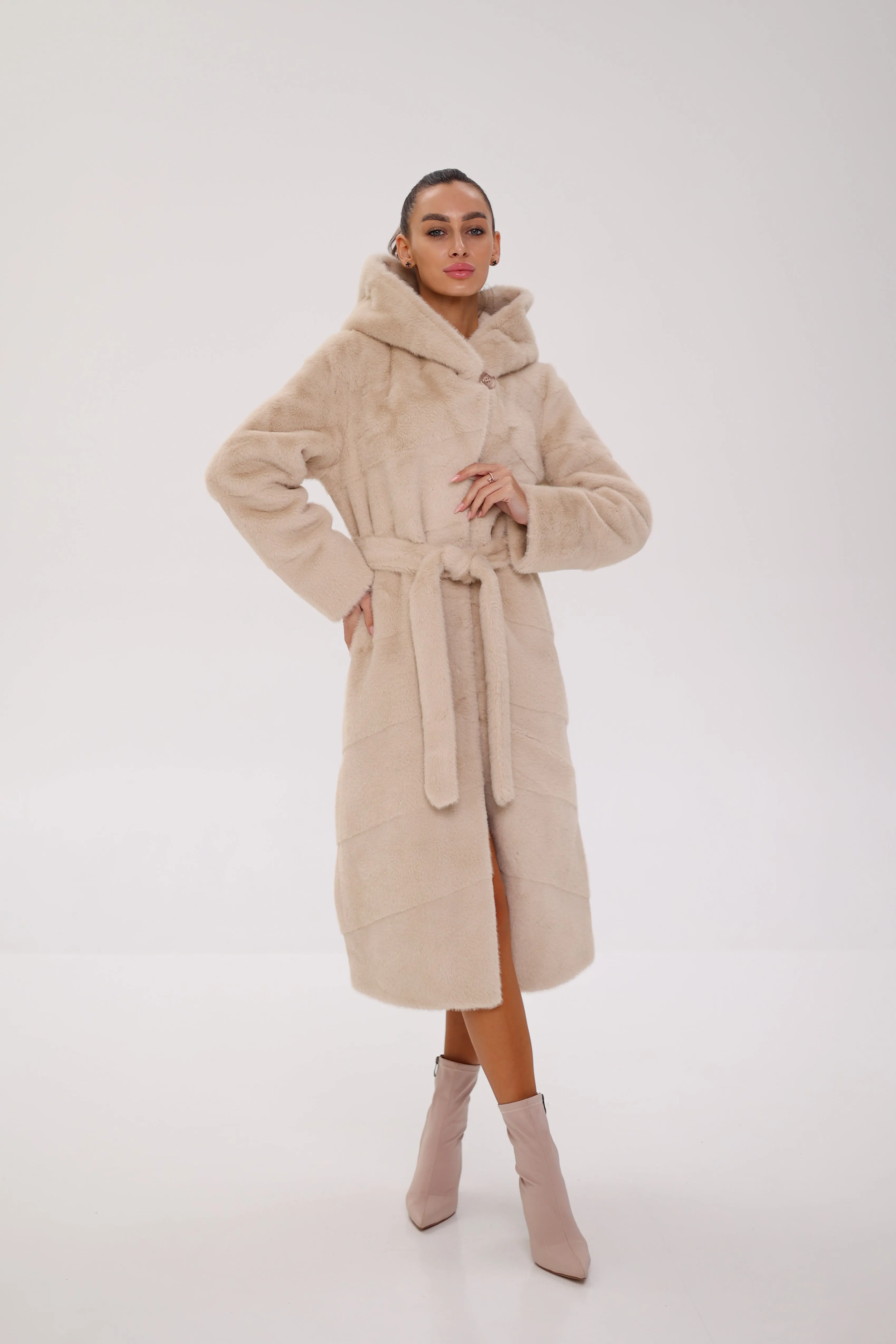 Pre-Order. Ships November 29. Faux Mink Effect Hooded Fur Coat