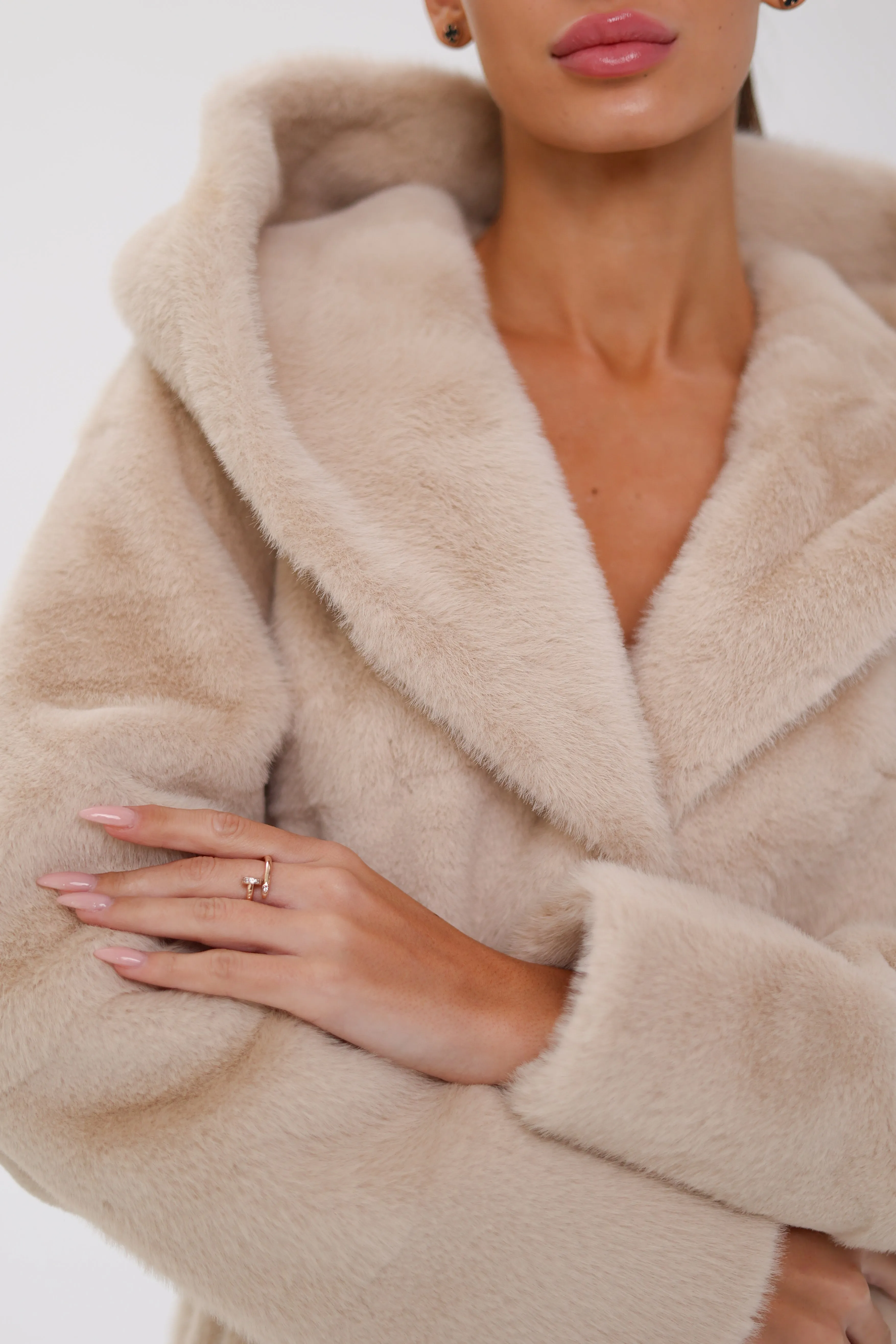 Pre-Order. Ships November 29. Faux Mink Effect Hooded Fur Coat