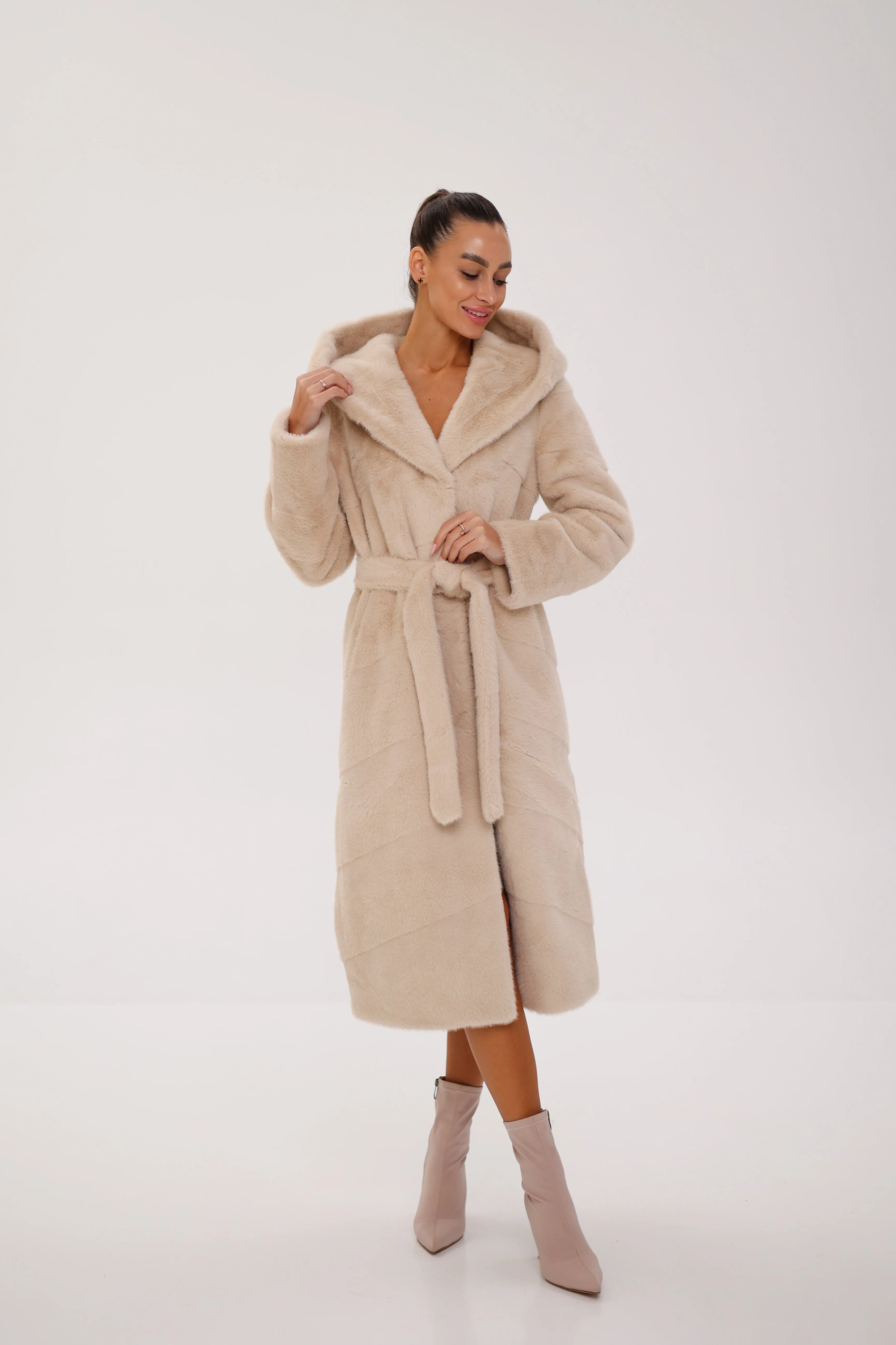 Pre-Order. Ships November 29. Faux Mink Effect Hooded Fur Coat