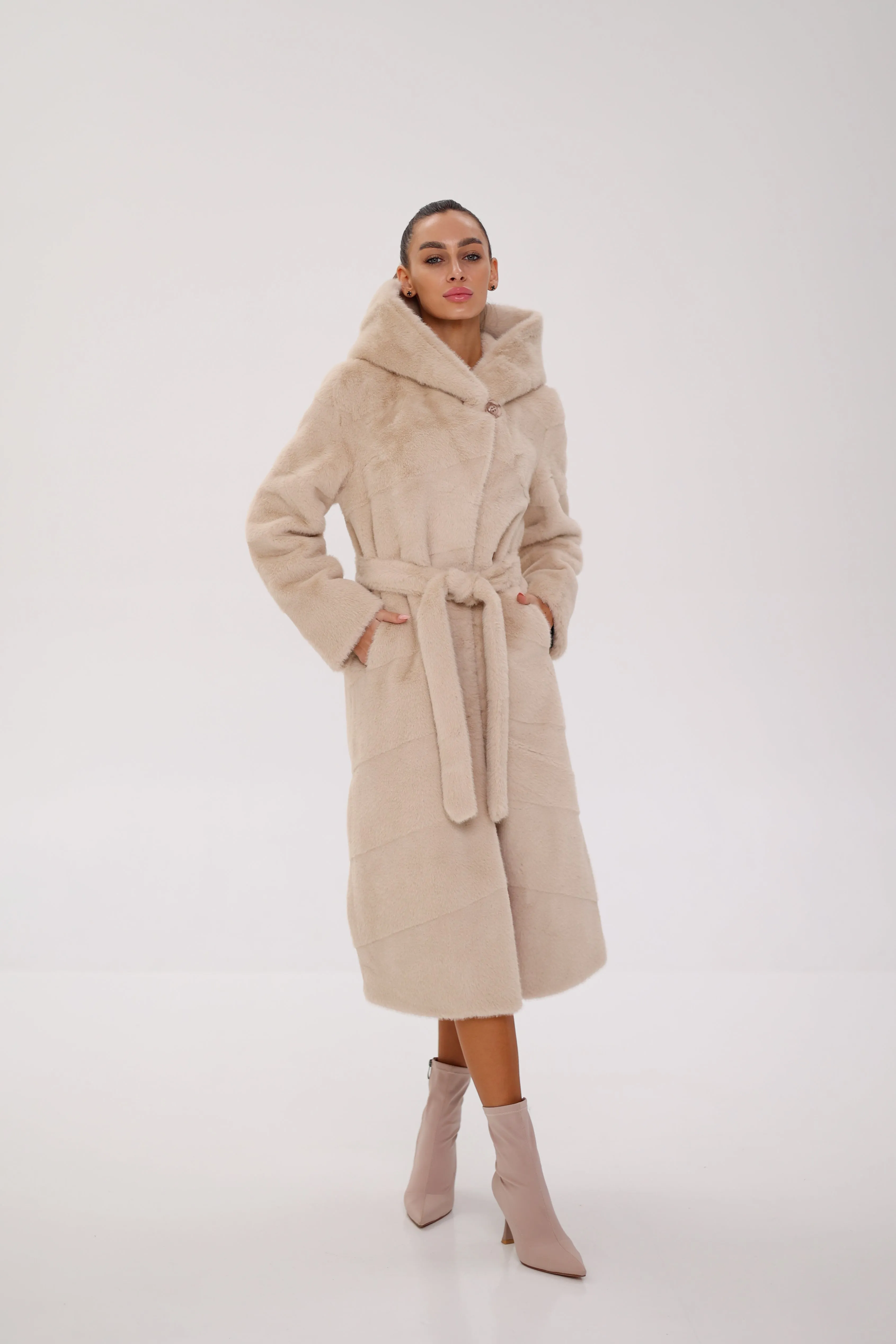 Pre-Order. Ships November 29. Faux Mink Effect Hooded Fur Coat