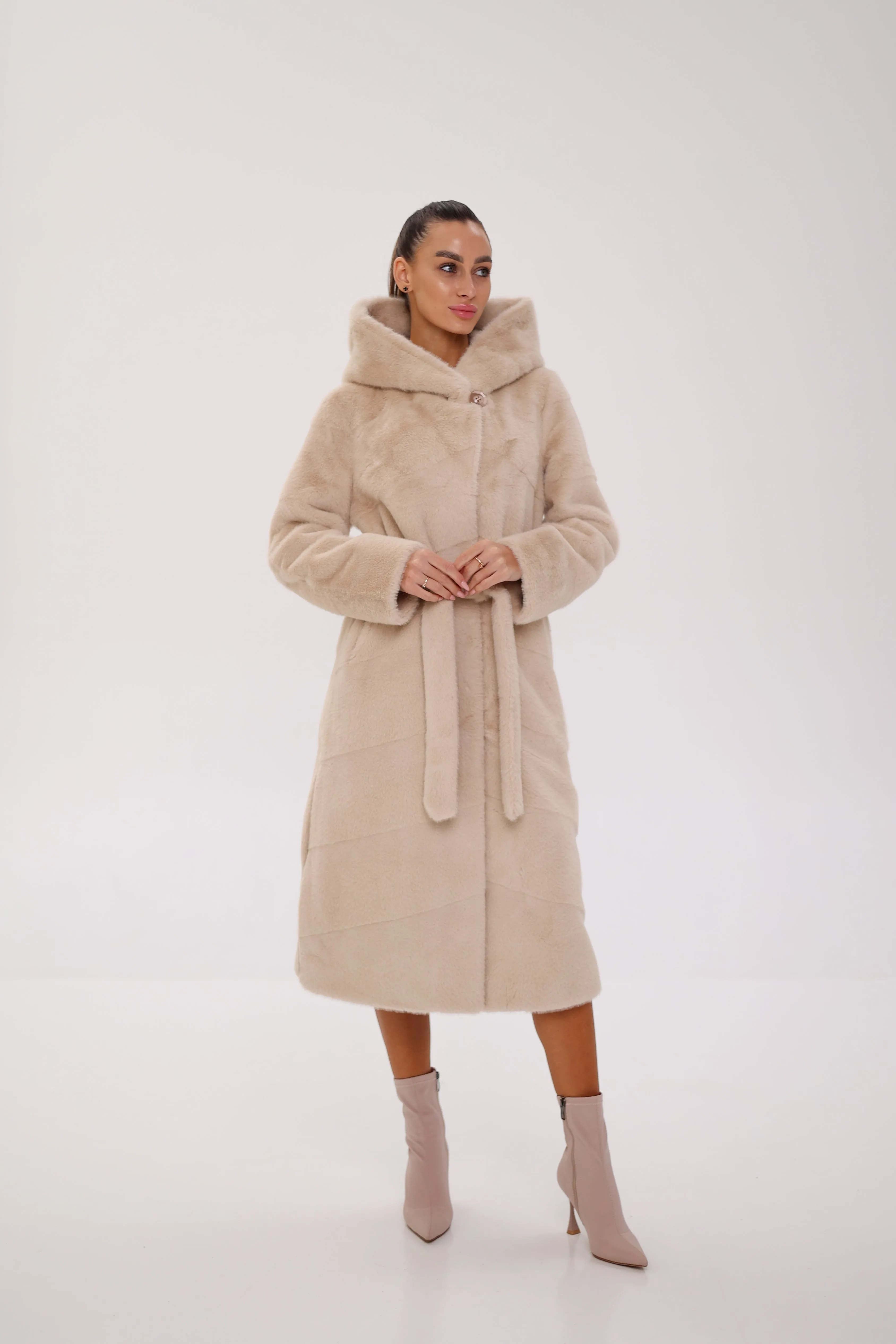 Pre-Order. Ships November 29. Faux Mink Effect Hooded Fur Coat