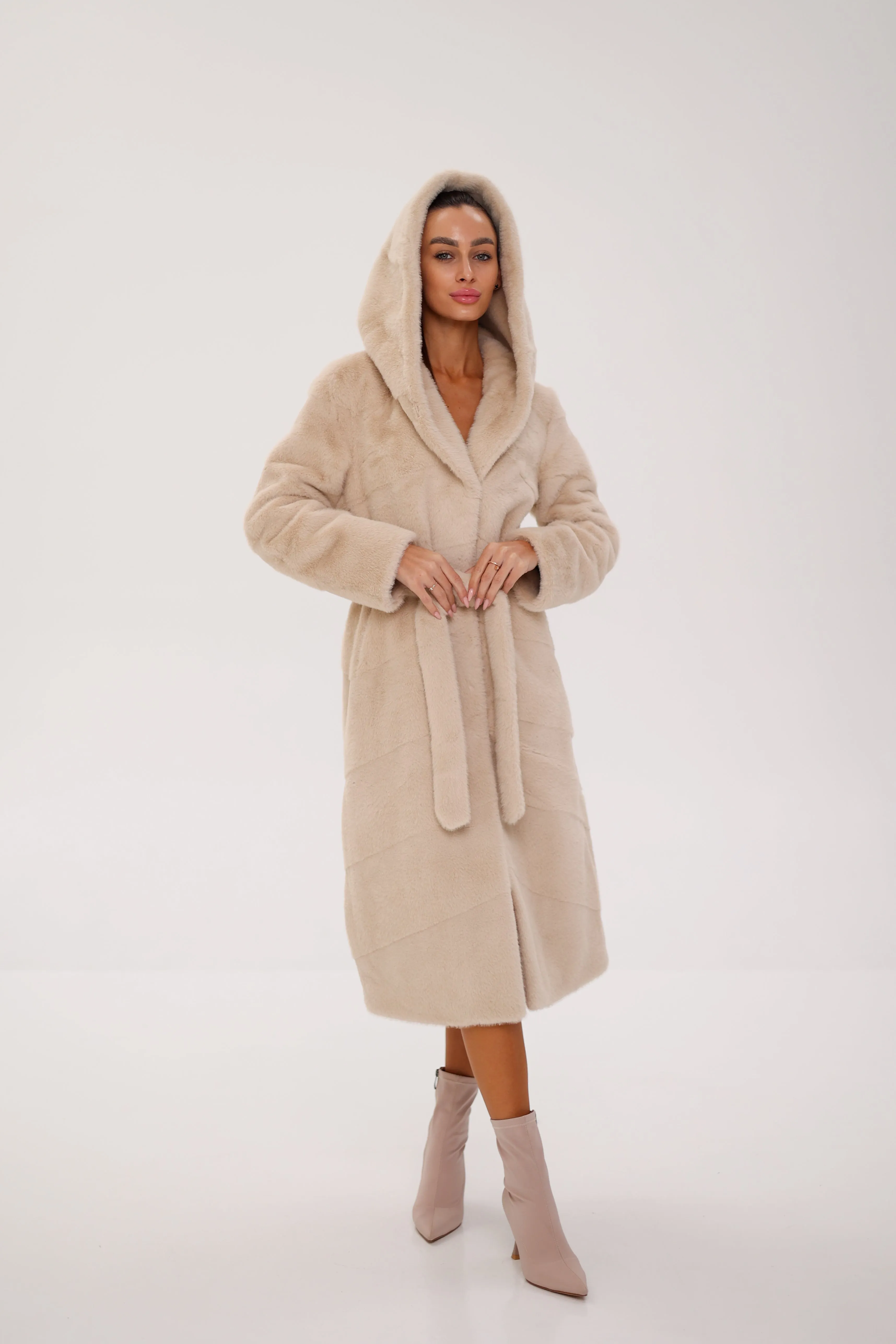 Pre-Order. Ships November 29. Faux Mink Effect Hooded Fur Coat