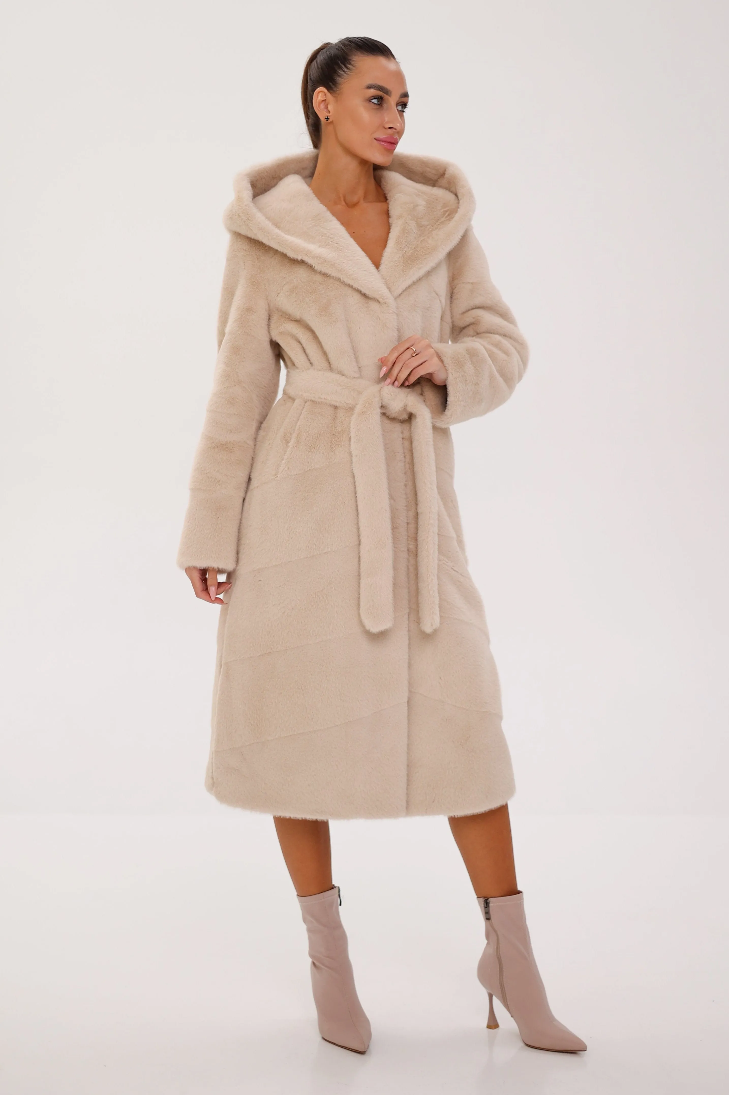 Pre-Order. Ships November 29. Faux Mink Effect Hooded Fur Coat