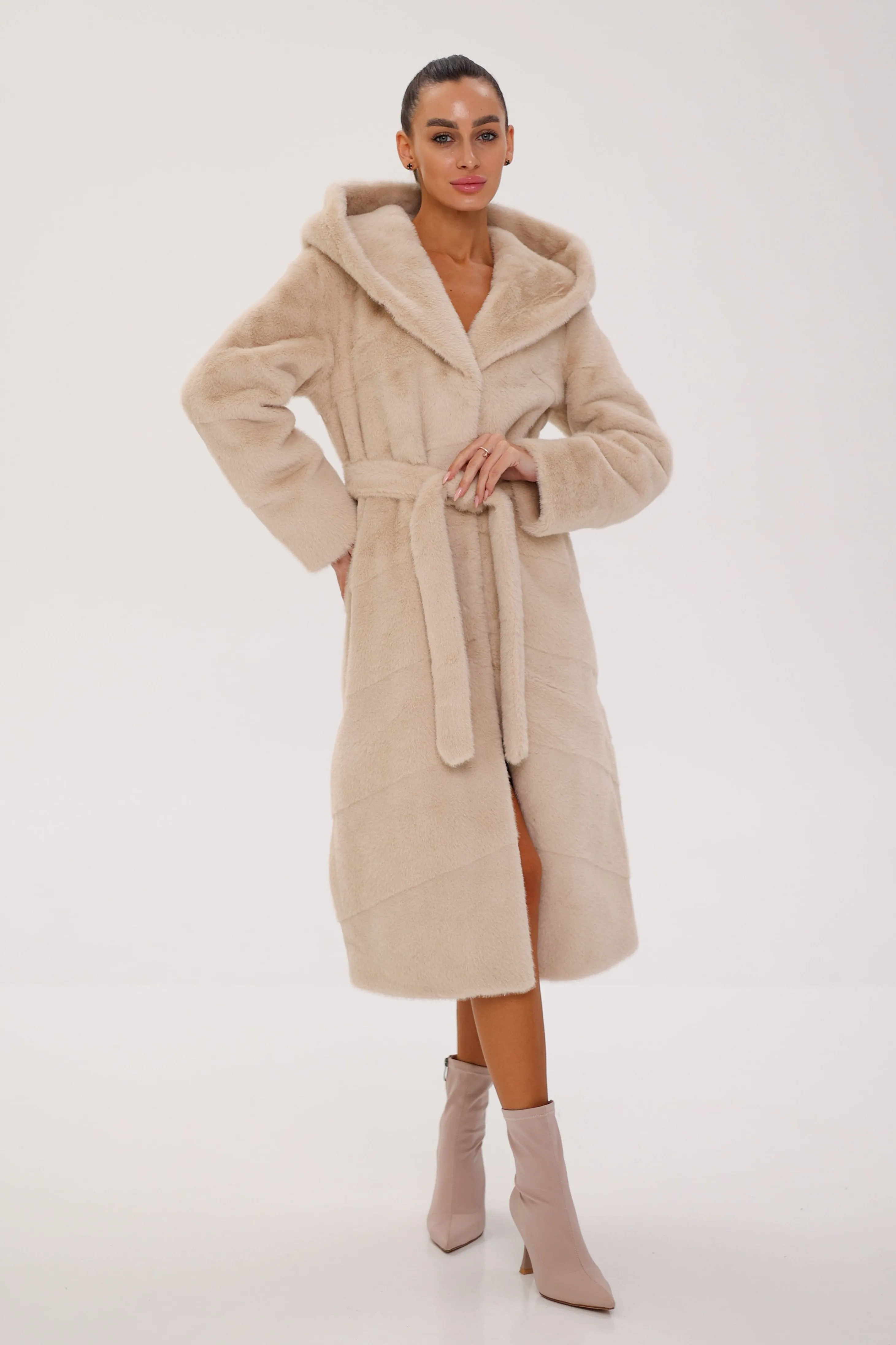 Pre-Order. Ships November 29. Faux Mink Effect Hooded Fur Coat