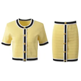 Pre Order:  Slim Fit Gold Buckle Round Neck Short Cardigan   Skirt