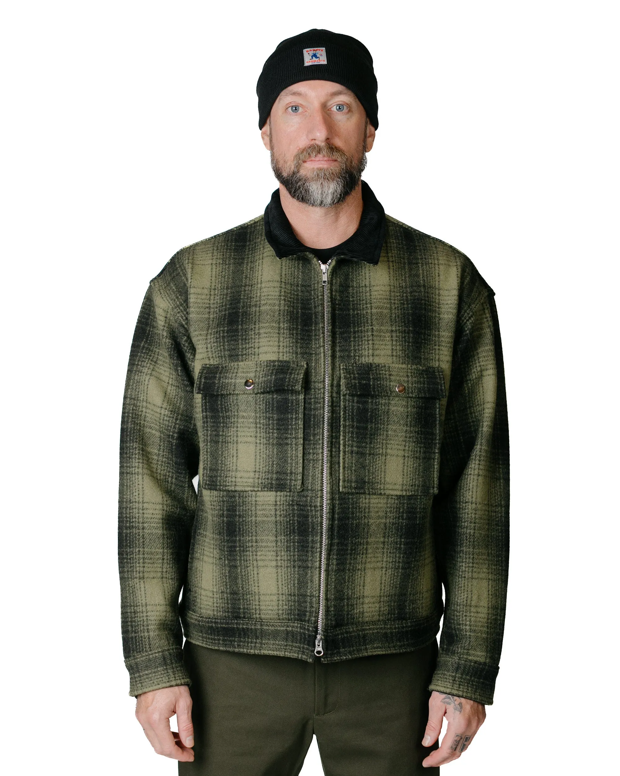 Randy's Garments Station Jacket Shadow Plaid Melton Wool Olive