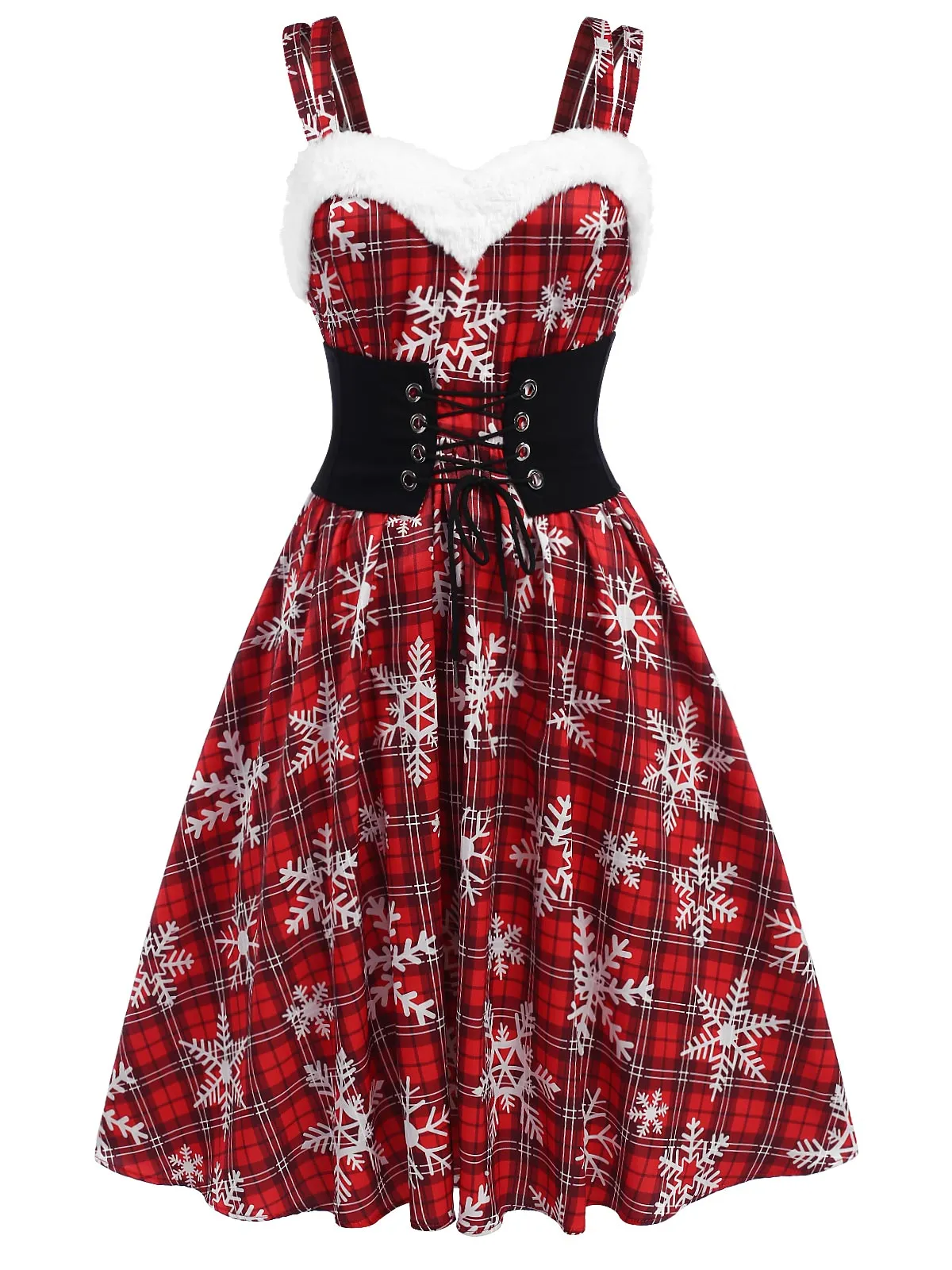 Red 1950s Snowflake Plaid Plush Trim Dress