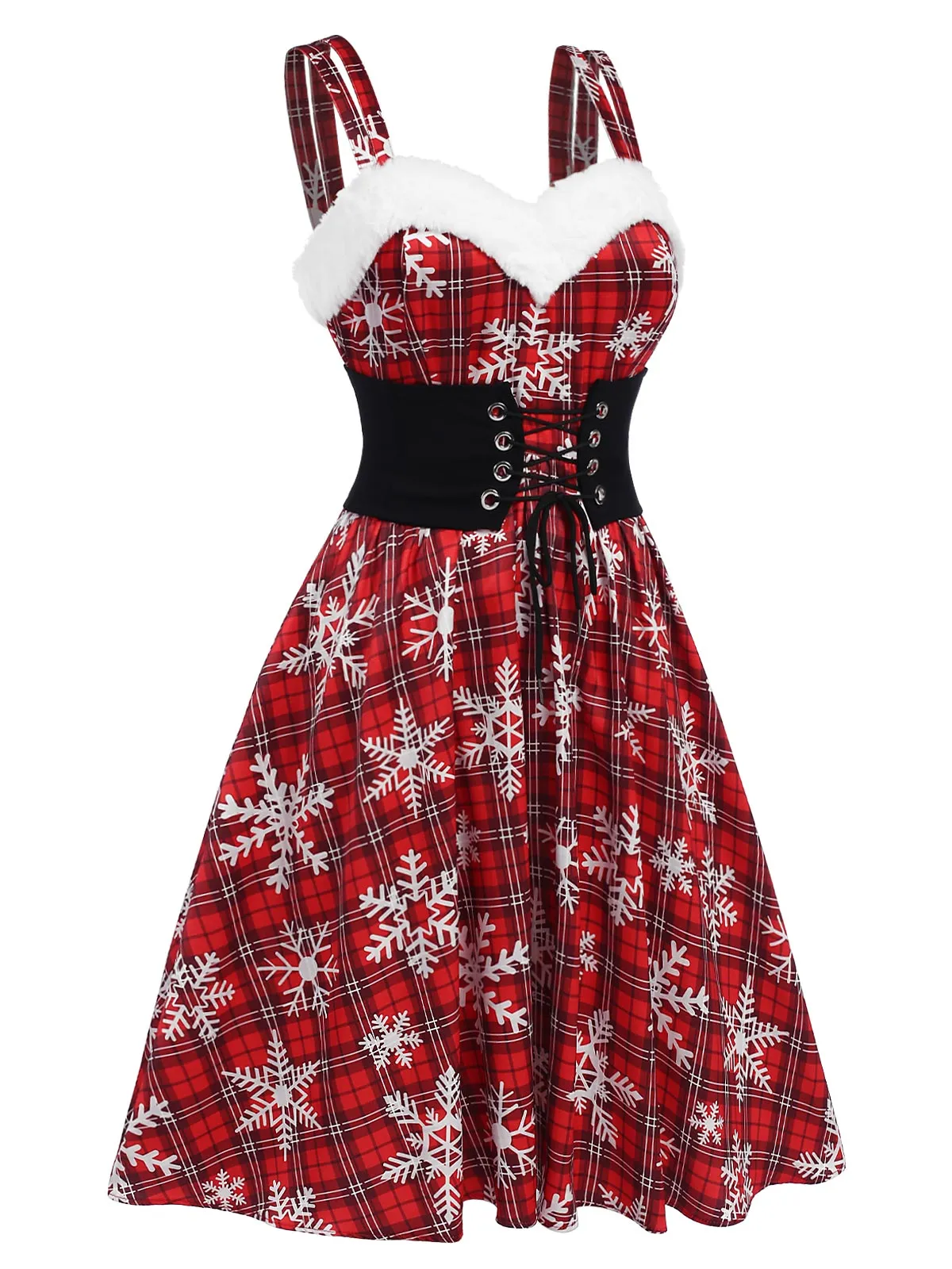 Red 1950s Snowflake Plaid Plush Trim Dress