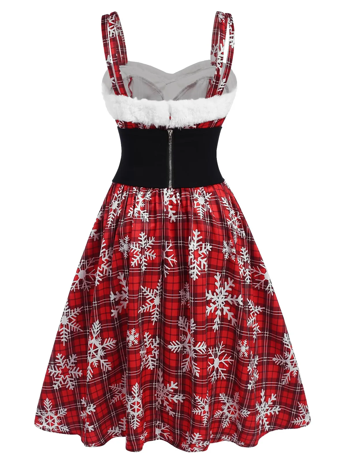 Red 1950s Snowflake Plaid Plush Trim Dress