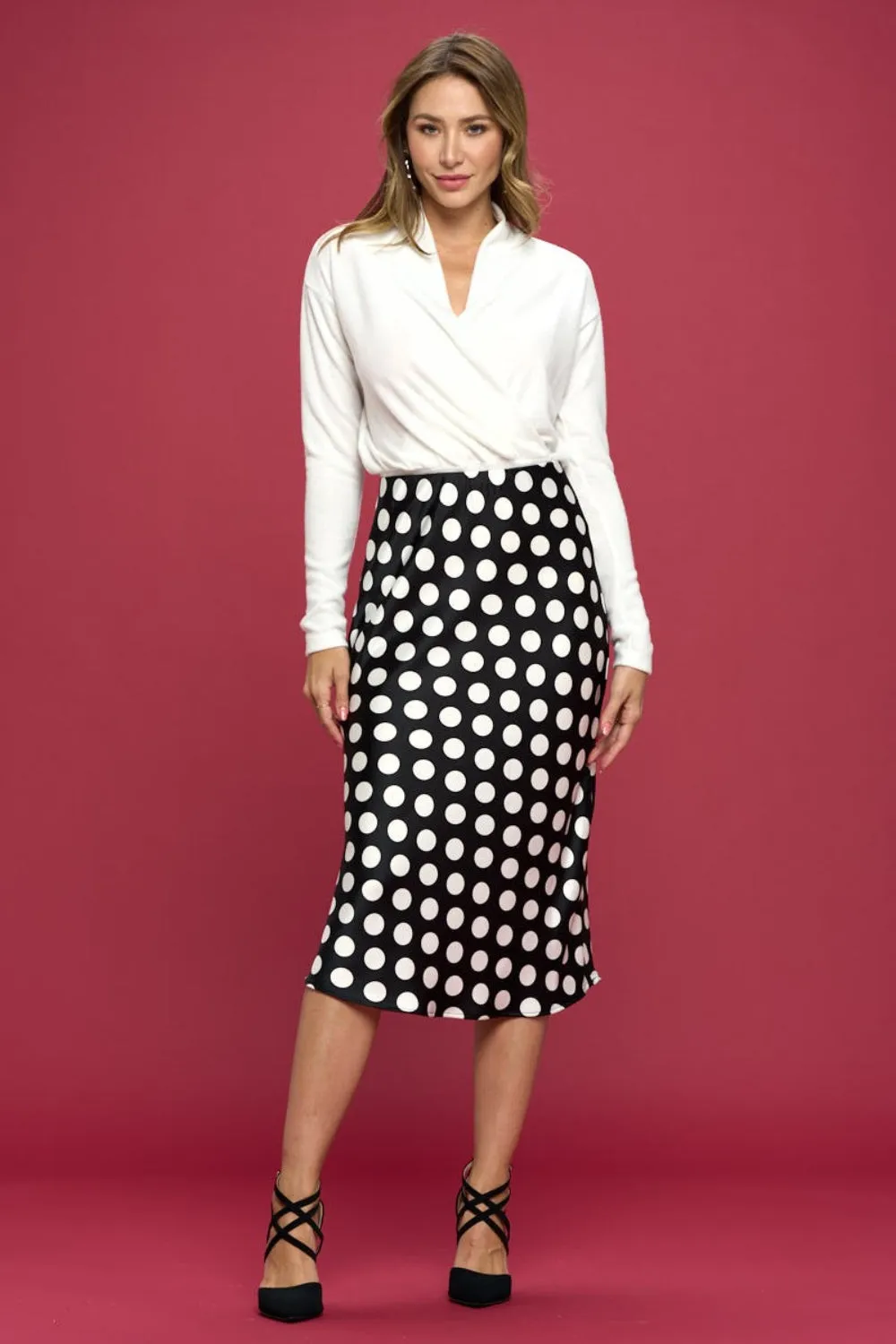 RENEE C Polka Dot Satin Midi Skirt