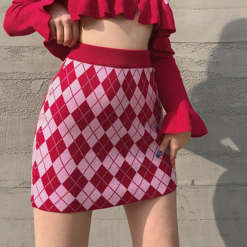 Retro Argyle Checkered Cardigan   Mini Knit Skirt