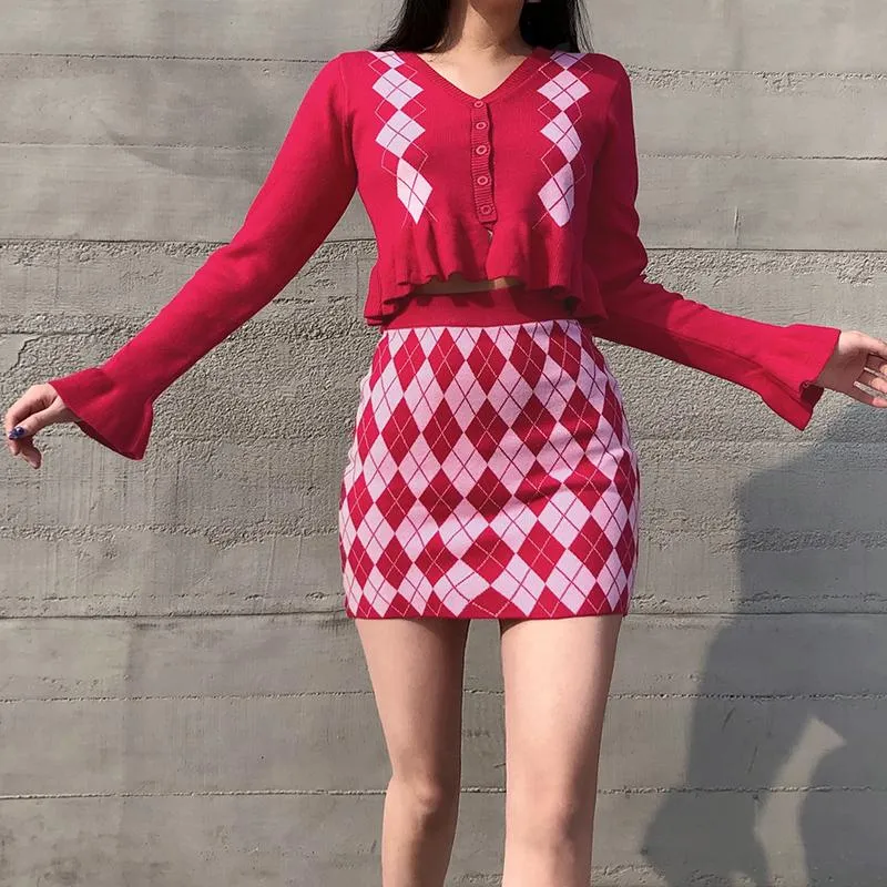 Retro Argyle Checkered Cardigan   Mini Knit Skirt