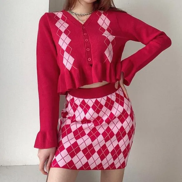 Retro Argyle Checkered Cardigan   Mini Knit Skirt