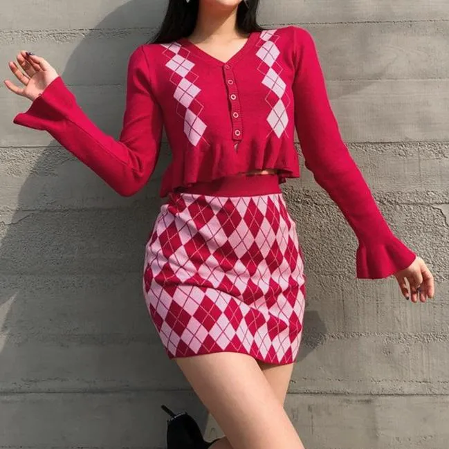 Retro Argyle Checkered Cardigan   Mini Knit Skirt