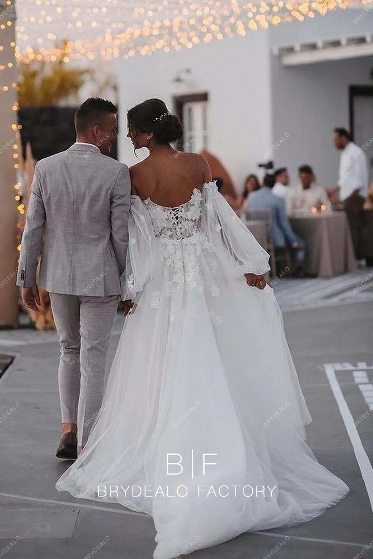 Romantic Lace Off the Shoulder Modern Wedding Dress with Overskirt