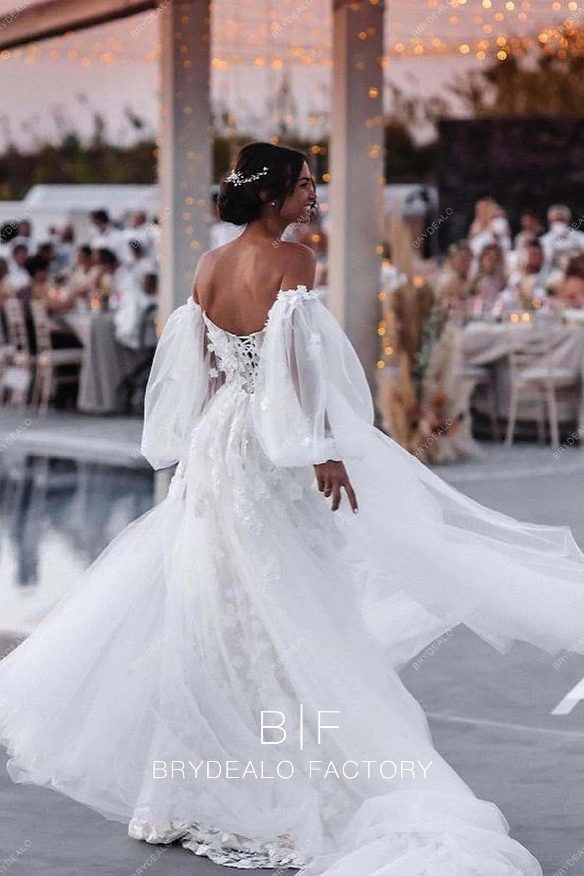 Romantic Lace Off the Shoulder Modern Wedding Dress with Overskirt