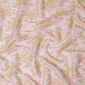 Rose pink silk organza fabric with multicolor embroidery in floral design-D13152