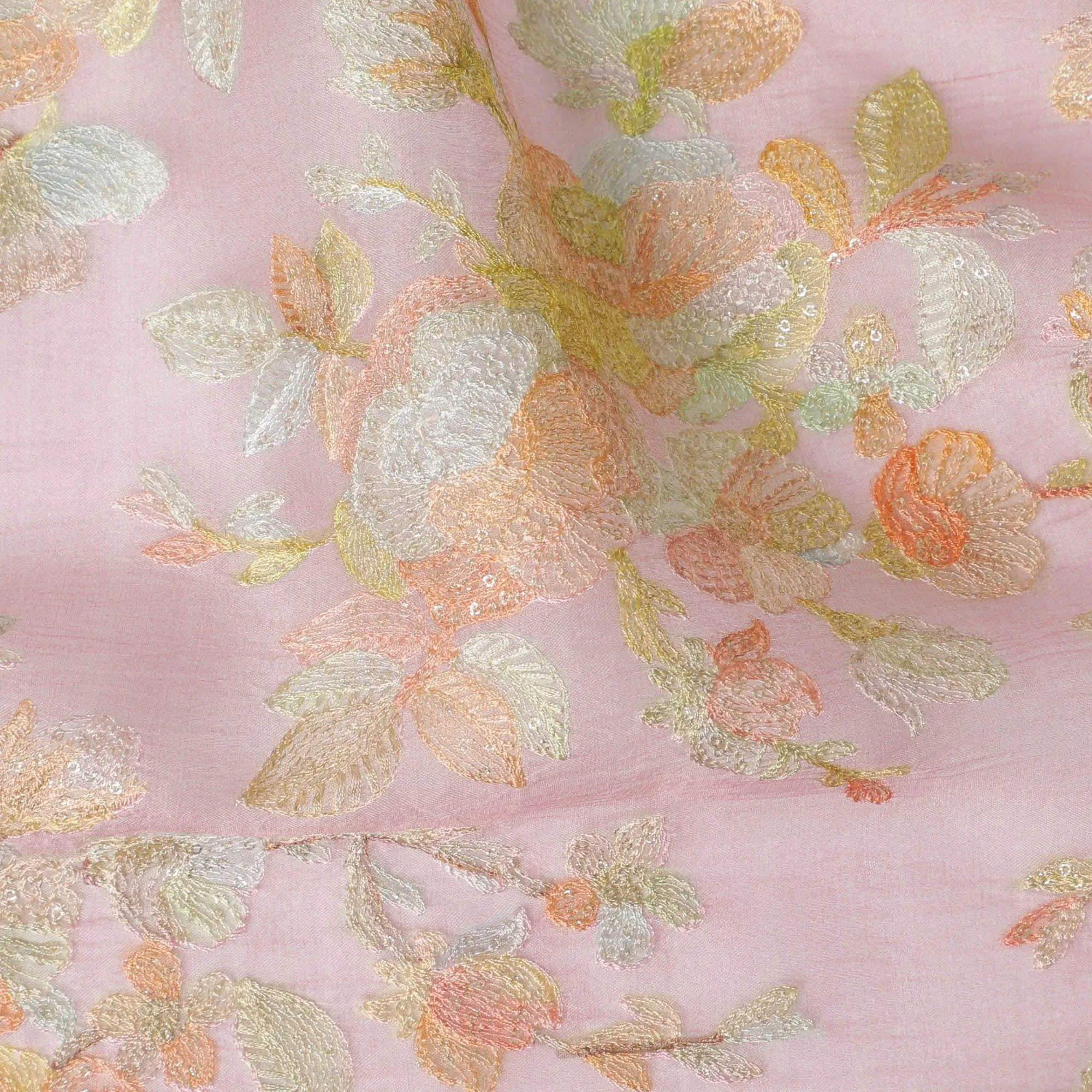 Rose pink silk organza fabric with multicolor embroidery in floral design-D13152