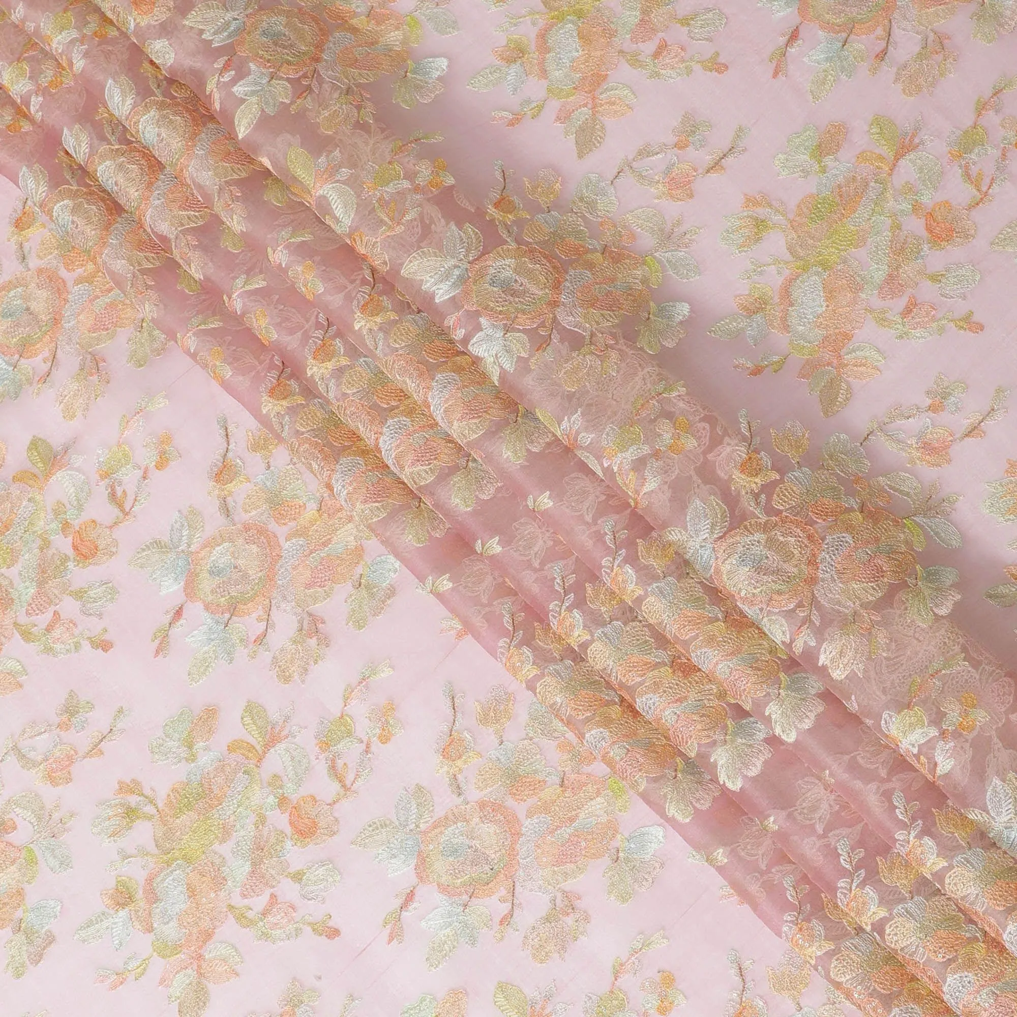 Rose pink silk organza fabric with multicolor embroidery in floral design-D13152