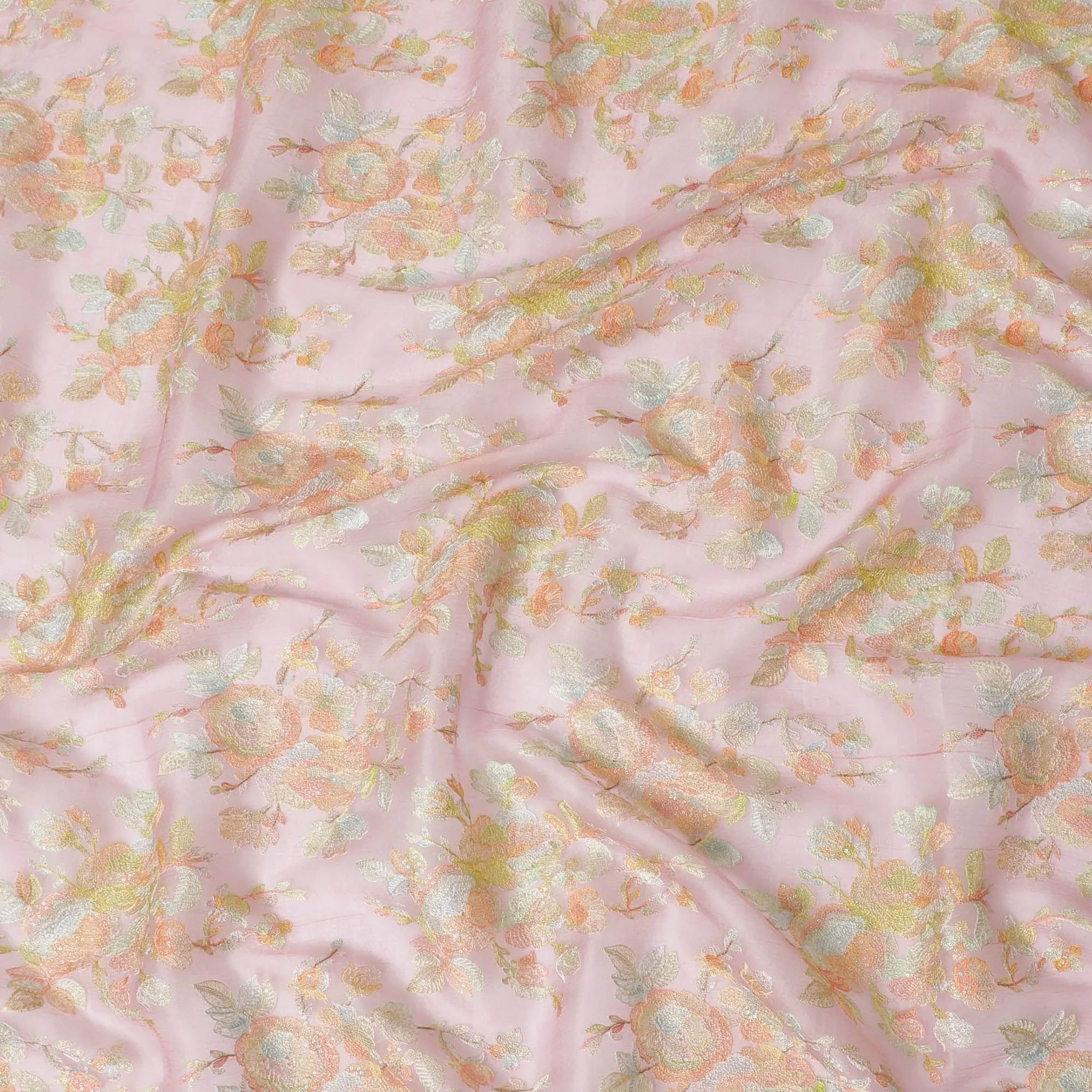 Rose pink silk organza fabric with multicolor embroidery in floral design-D13152