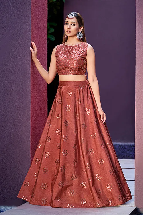 Rust Orange Art Silk Sequence Embroidered Work Lehenga Choli