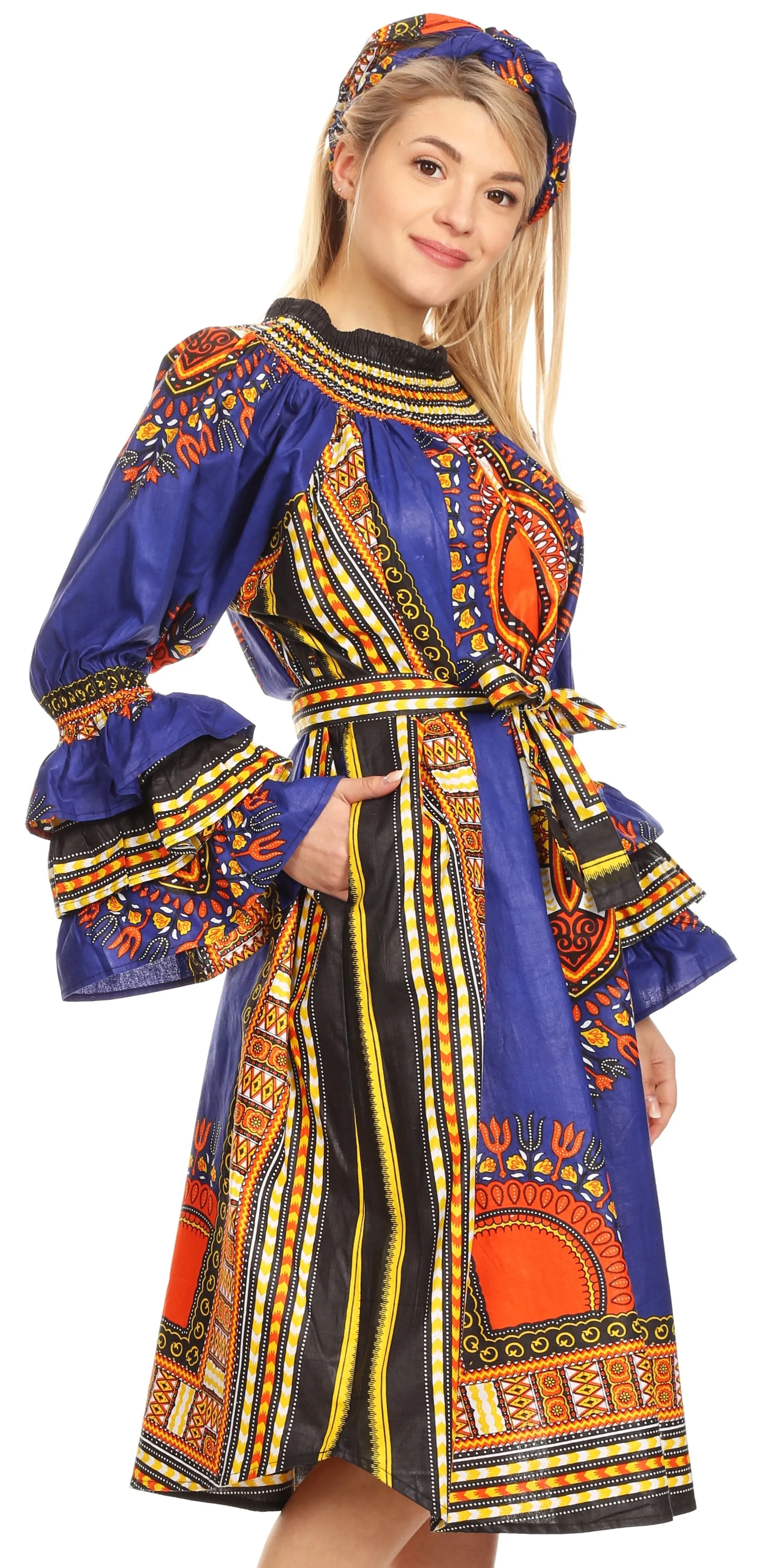 Sakkas Marta Women's Long Sleeve Off Shoulder Cocktail African Dashiki Midi Dress