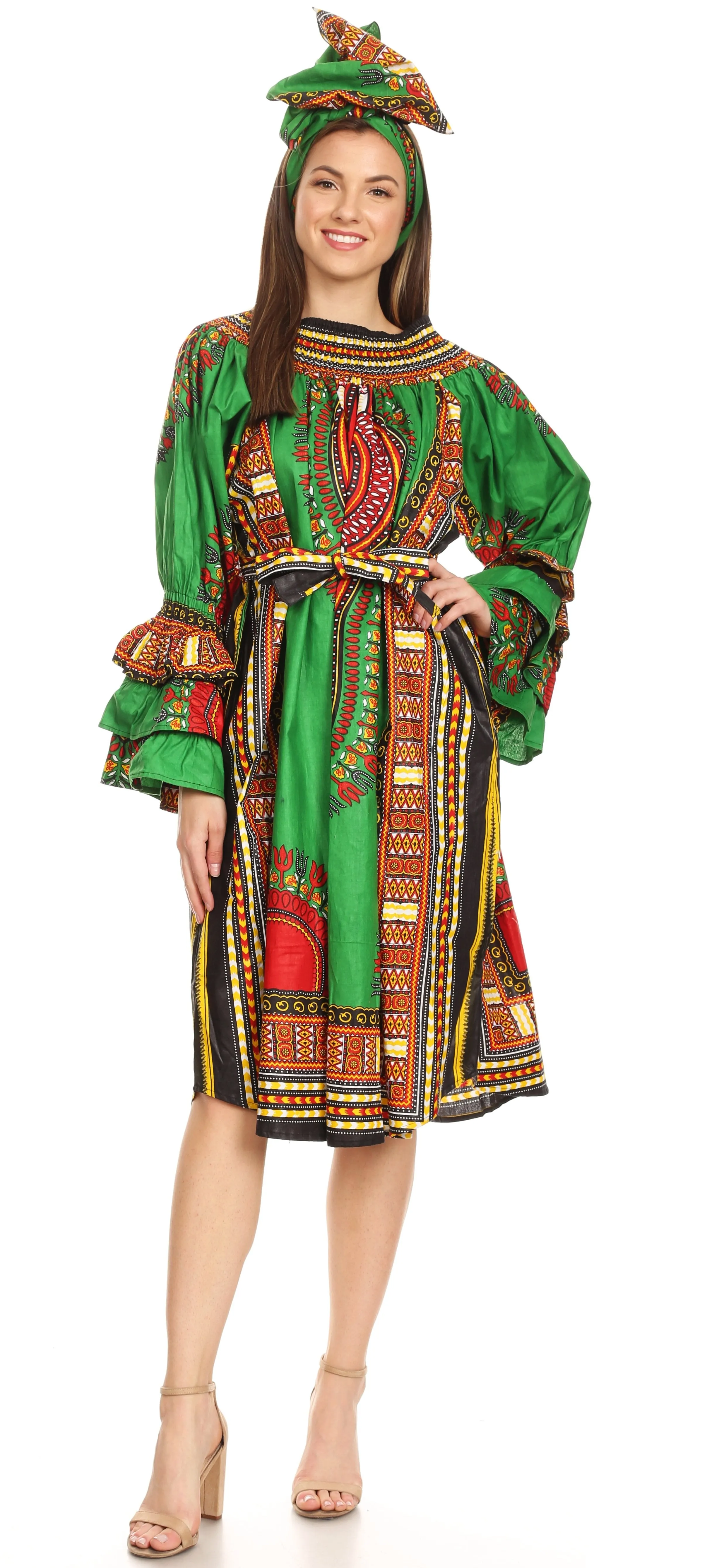 Sakkas Marta Women's Long Sleeve Off Shoulder Cocktail African Dashiki Midi Dress