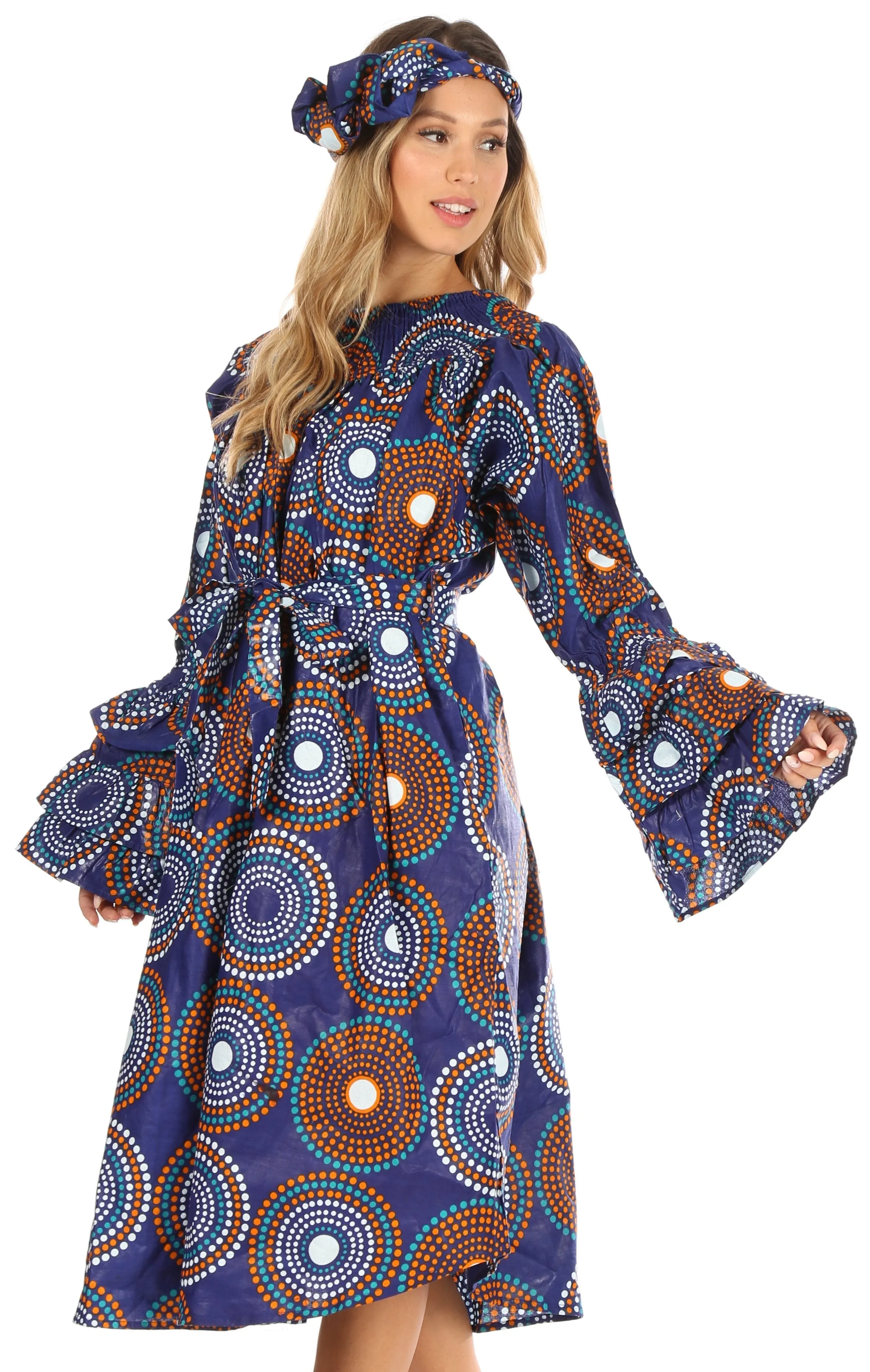 Sakkas Marta Women's Long Sleeve Off Shoulder Cocktail African Dashiki Midi Dress