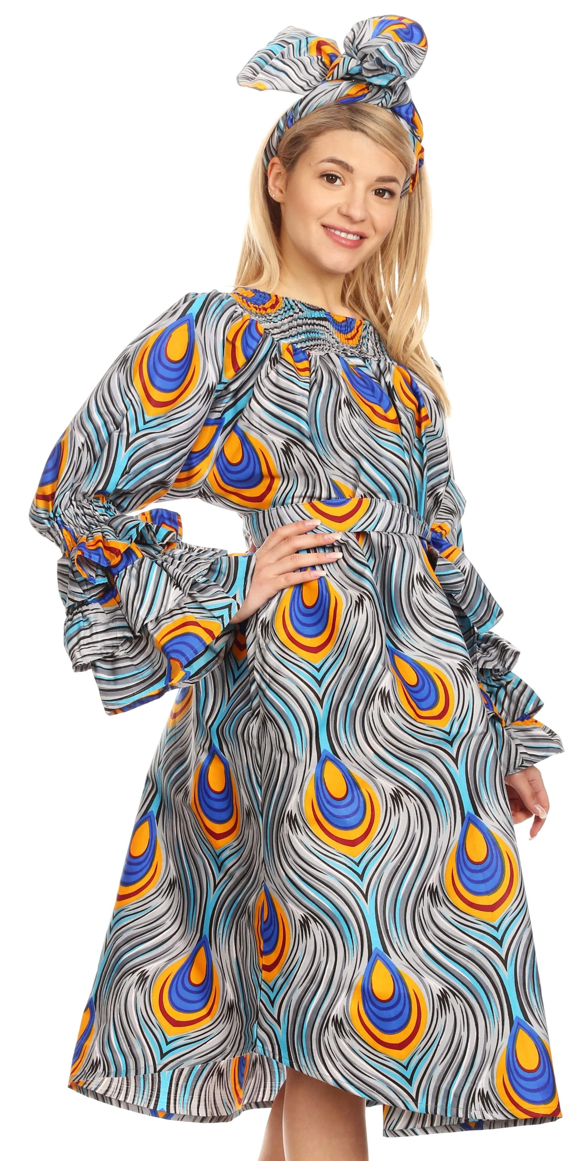 Sakkas Marta Women's Long Sleeve Off Shoulder Cocktail African Dashiki Midi Dress