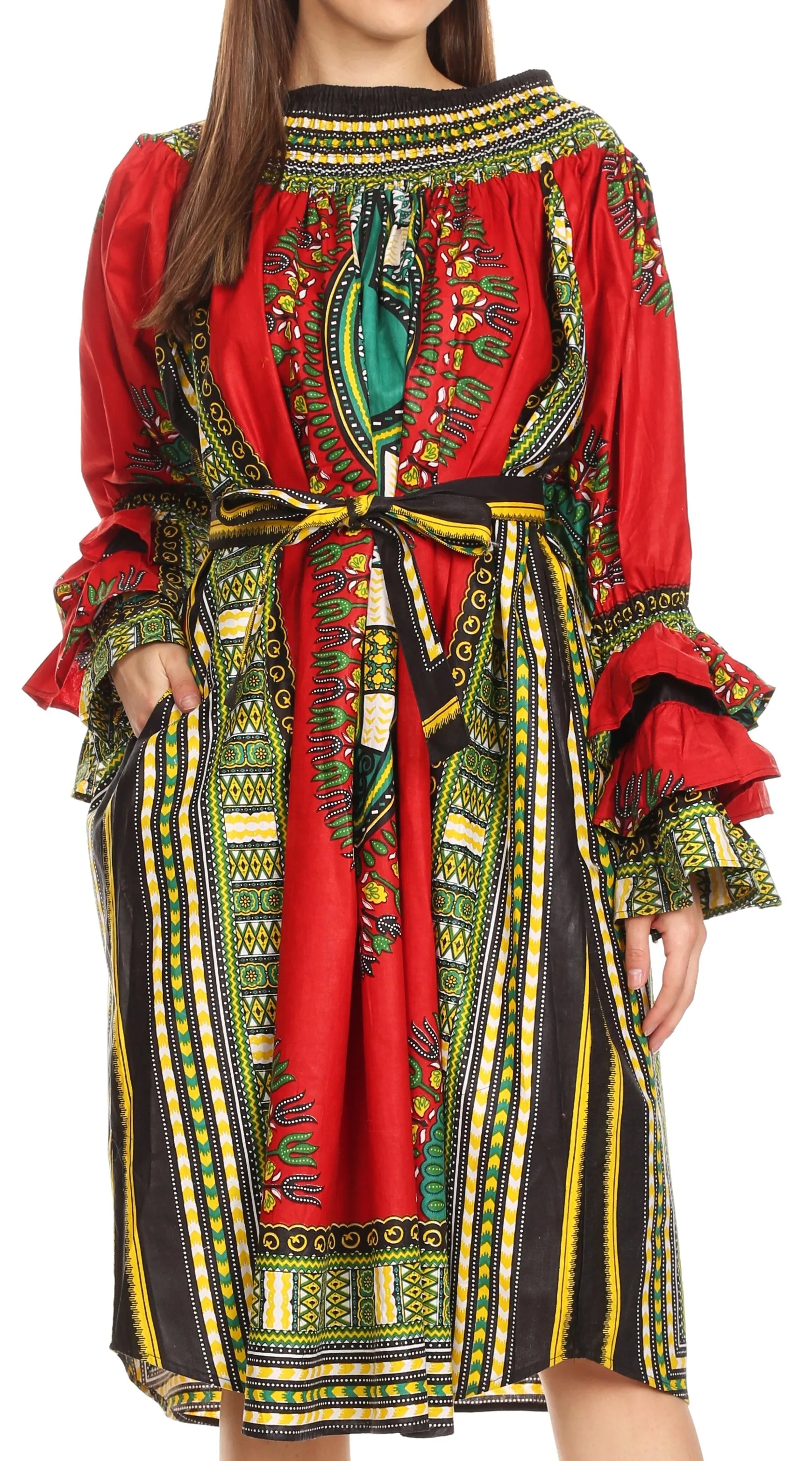 Sakkas Marta Women's Long Sleeve Off Shoulder Cocktail African Dashiki Midi Dress