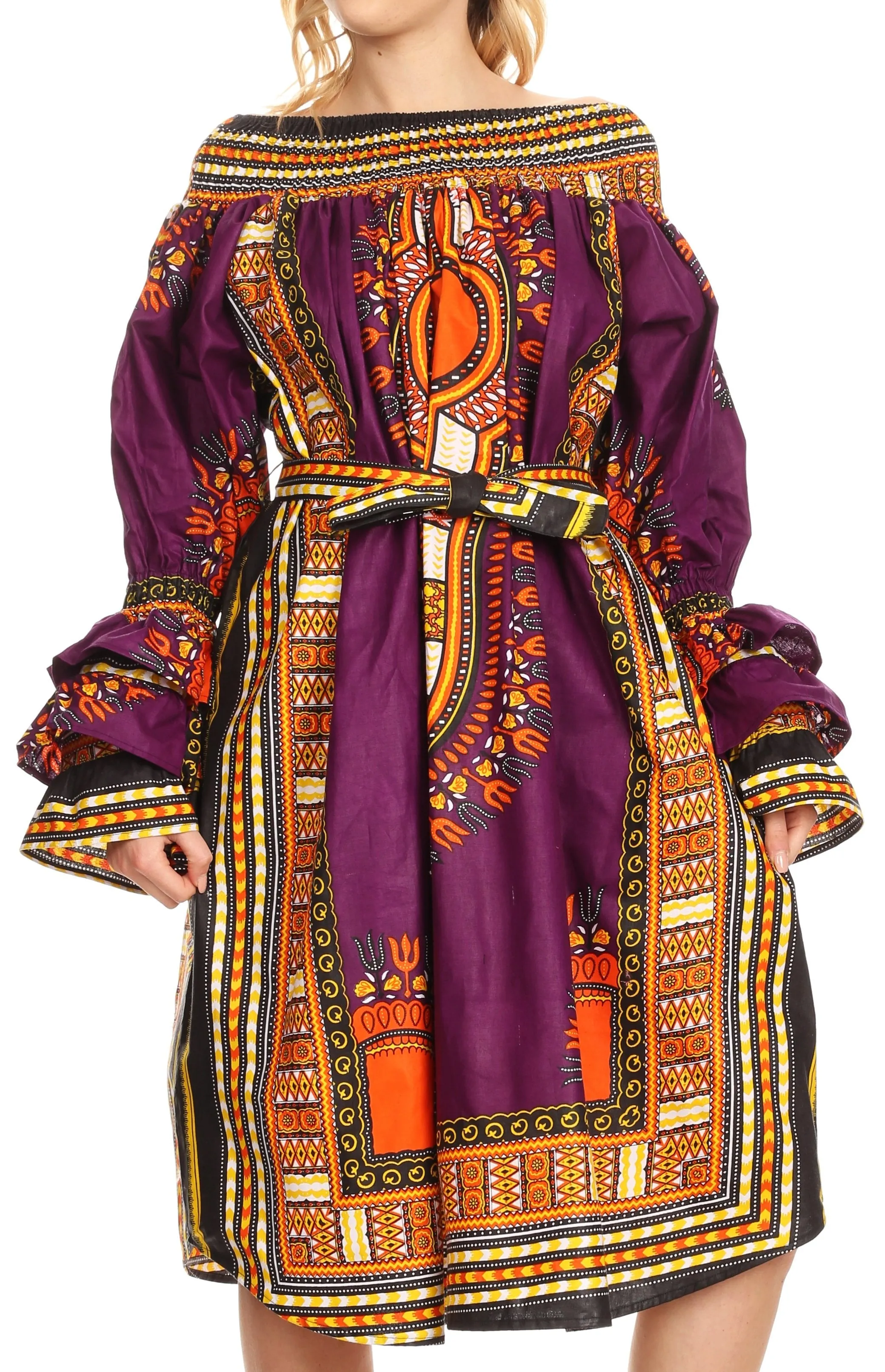 Sakkas Marta Women's Long Sleeve Off Shoulder Cocktail African Dashiki Midi Dress